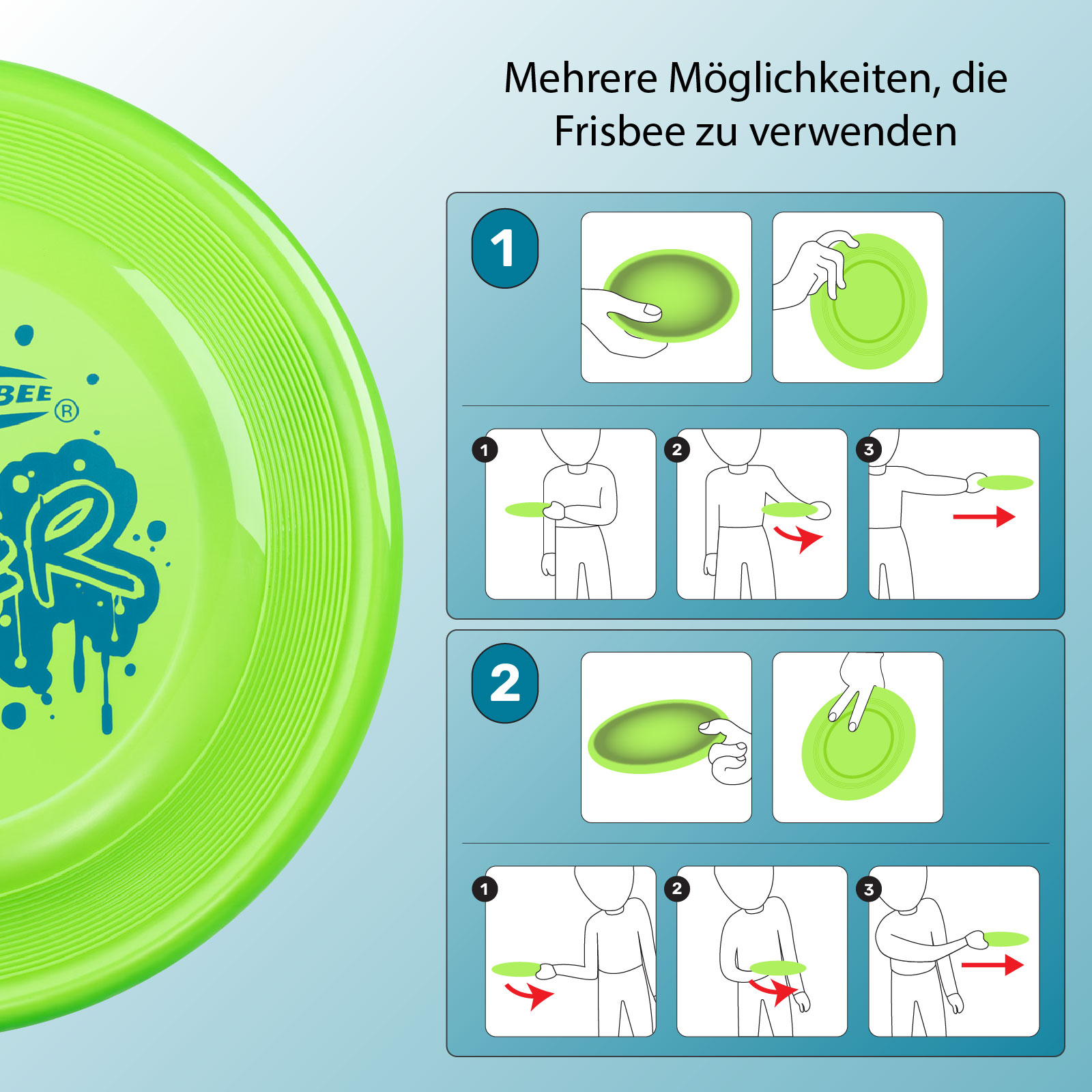 Grüne Frisbee mit Text und grafischen Elementen, zusammen mit Gebrauchsanweisungen.