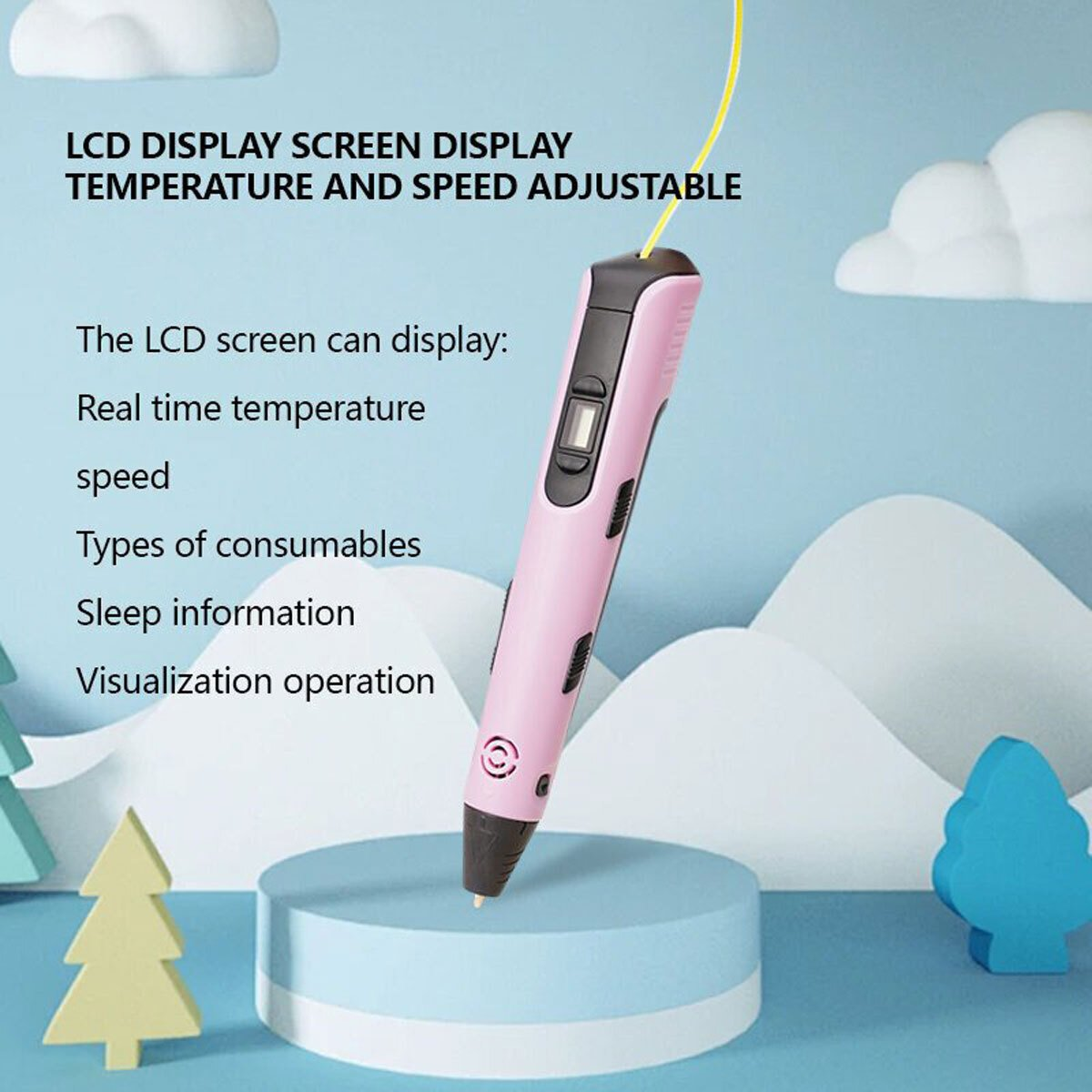 Un bolígrafo de impresión 3D rosa, con texto que describe la pantalla LCD y las funciones ajustables.