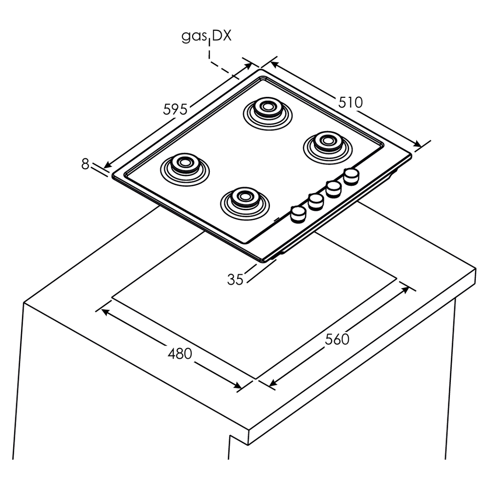 Widok z góry na płytę gazową z czterema palnikami, ze wskazanymi wymiarami.