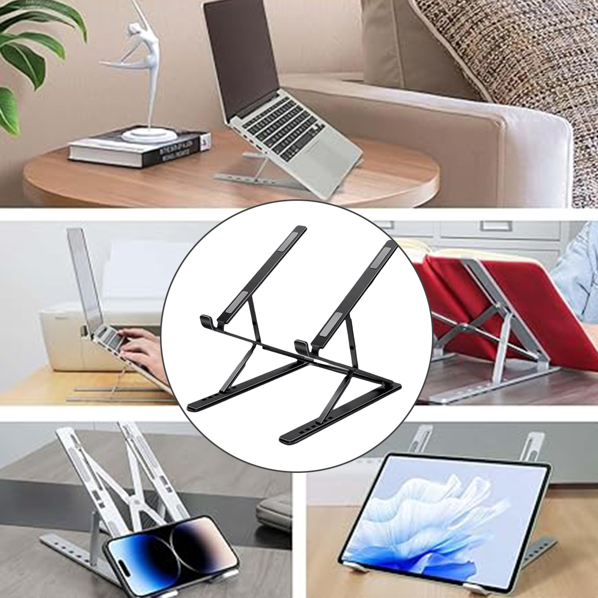 Eine Collage von Laptop- und Tablet-Ständern in verschiedenen Umgebungen mit verschiedenen Geräten darauf.