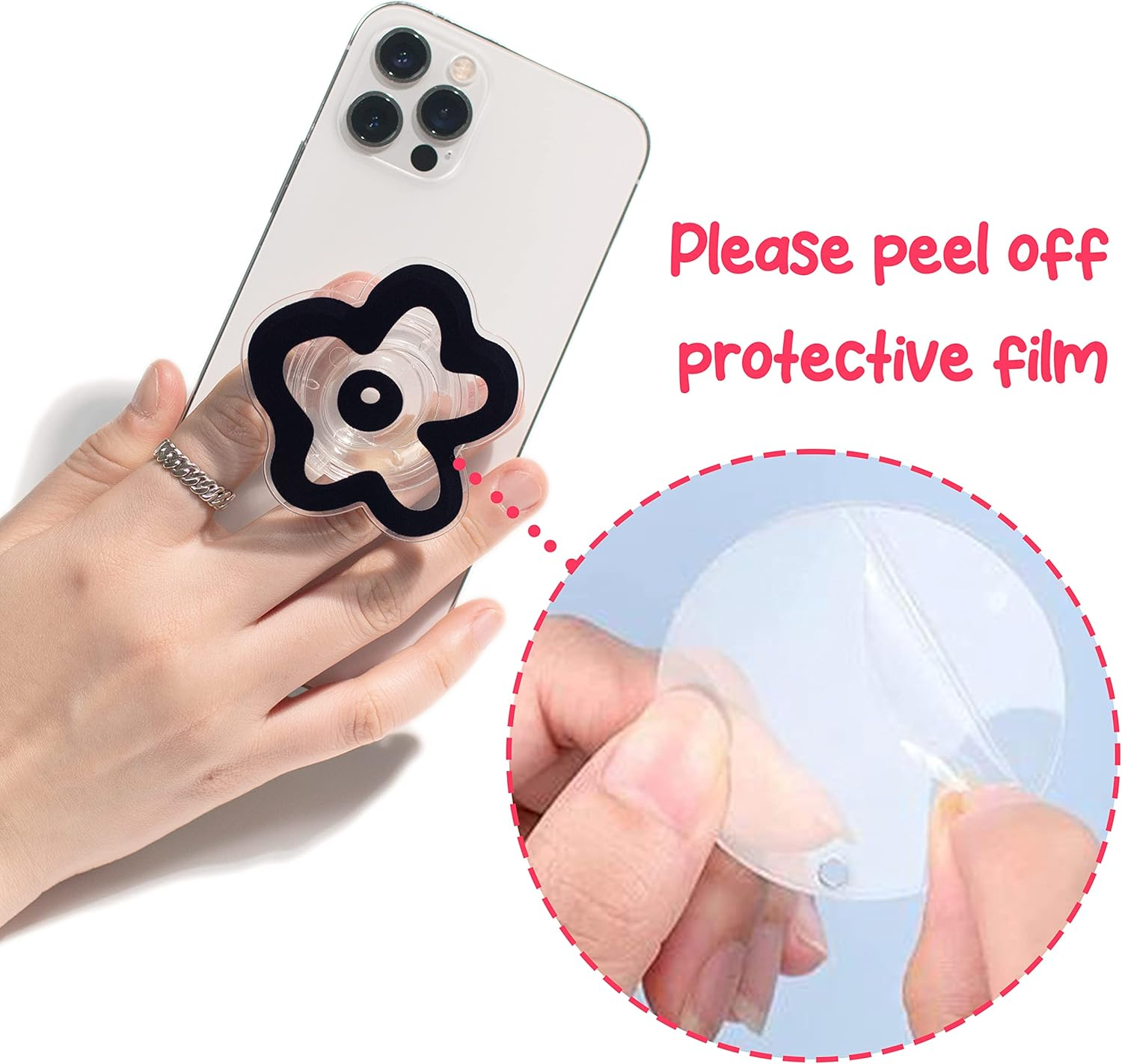 Eine Hand hält ein Telefon mit einem blütenförmigen Pop-Socket. Die Schutzfolie wird abgezogen.
