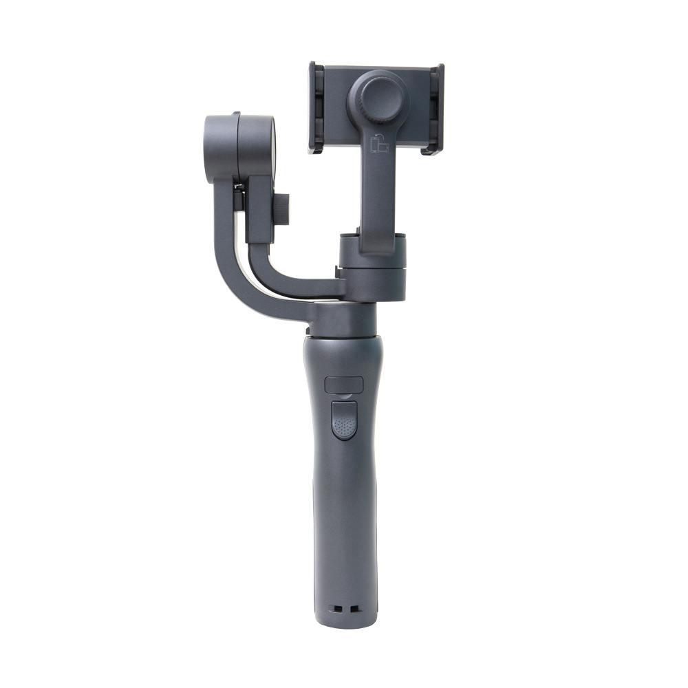 Ein grauer Hand-Gimbal zur Stabilisierung von Smartphones, isoliert auf weißem Hintergrund.