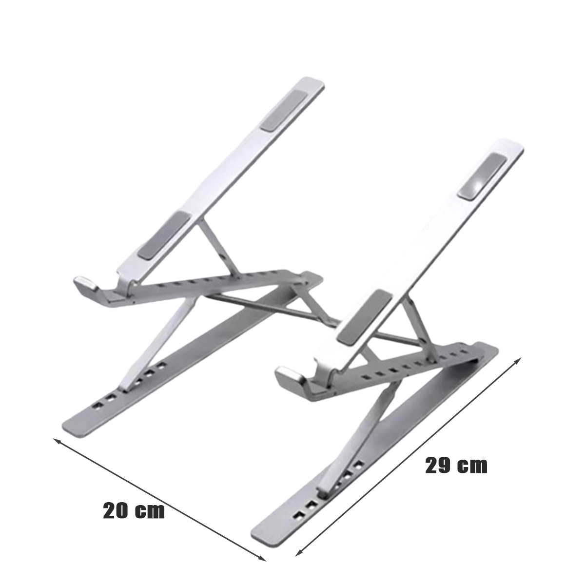 Zwei silberne Laptopständer, einer gefaltet, mit Abmessungen in Zentimetern auf weißem Hintergrund.