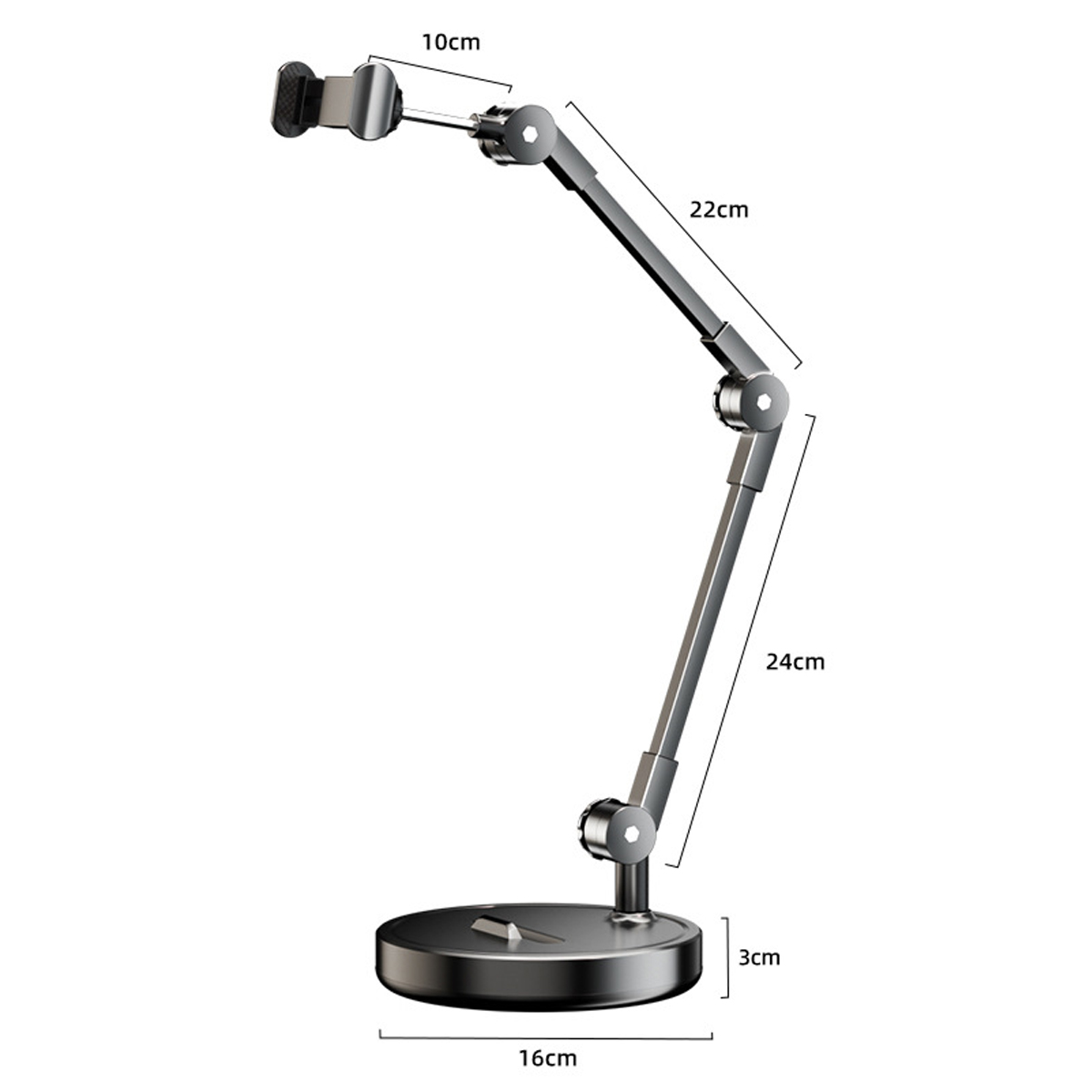 Verstellbarer Telefonständer. Er ist grau und hat folgende Abmessungen: 16cm Basis, 22cm und 24cm Arme.