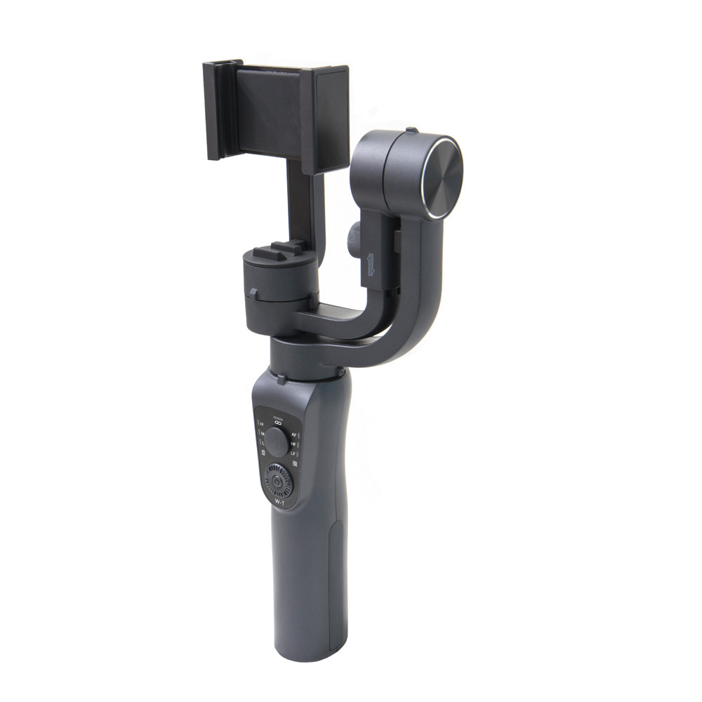 Ein Hand-Gimbal-Stabilisator für ein Telefon, er ist grau und hat Knöpfe und Bedienelemente.