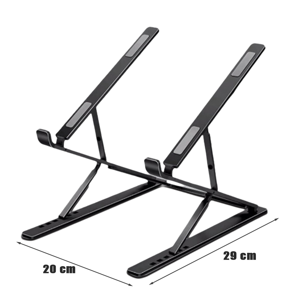 Ein schwarzer Laptopständer mit den Maßen: 20cm Breite, 29cm Länge. Er steht auf einer weißen Oberfläche.
