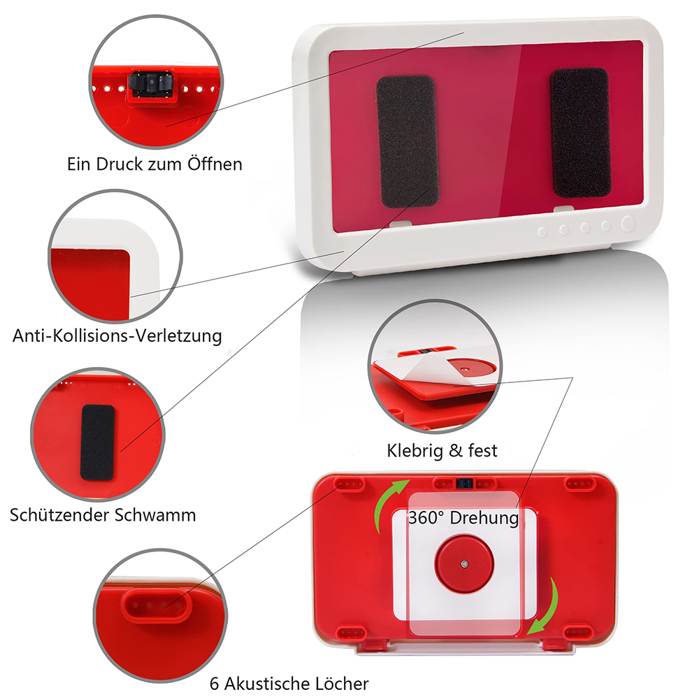 Weiß-rote wasserdichte Handyhülle mit Diagrammen und Text auf Deutsch, die Funktionen zeigen.