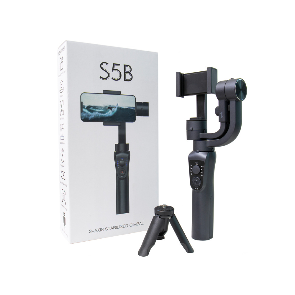 Weiße Box mit schwarzem Gimbal und Telefon-Setup, mit kleinem Stativ, isoliert auf Weiß.