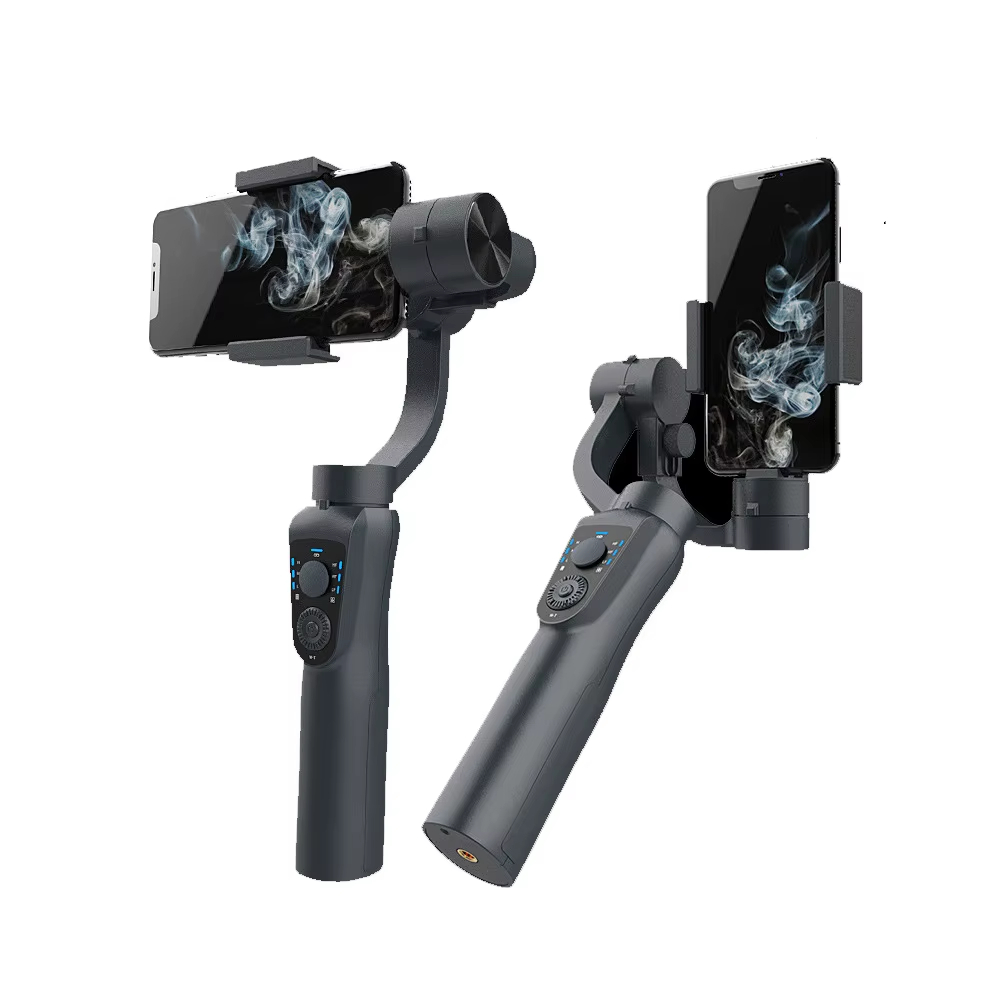 Zwei dunkelgraue Hand-Gimbals mit befestigten Telefonen, isoliert auf weißem Hintergrund.