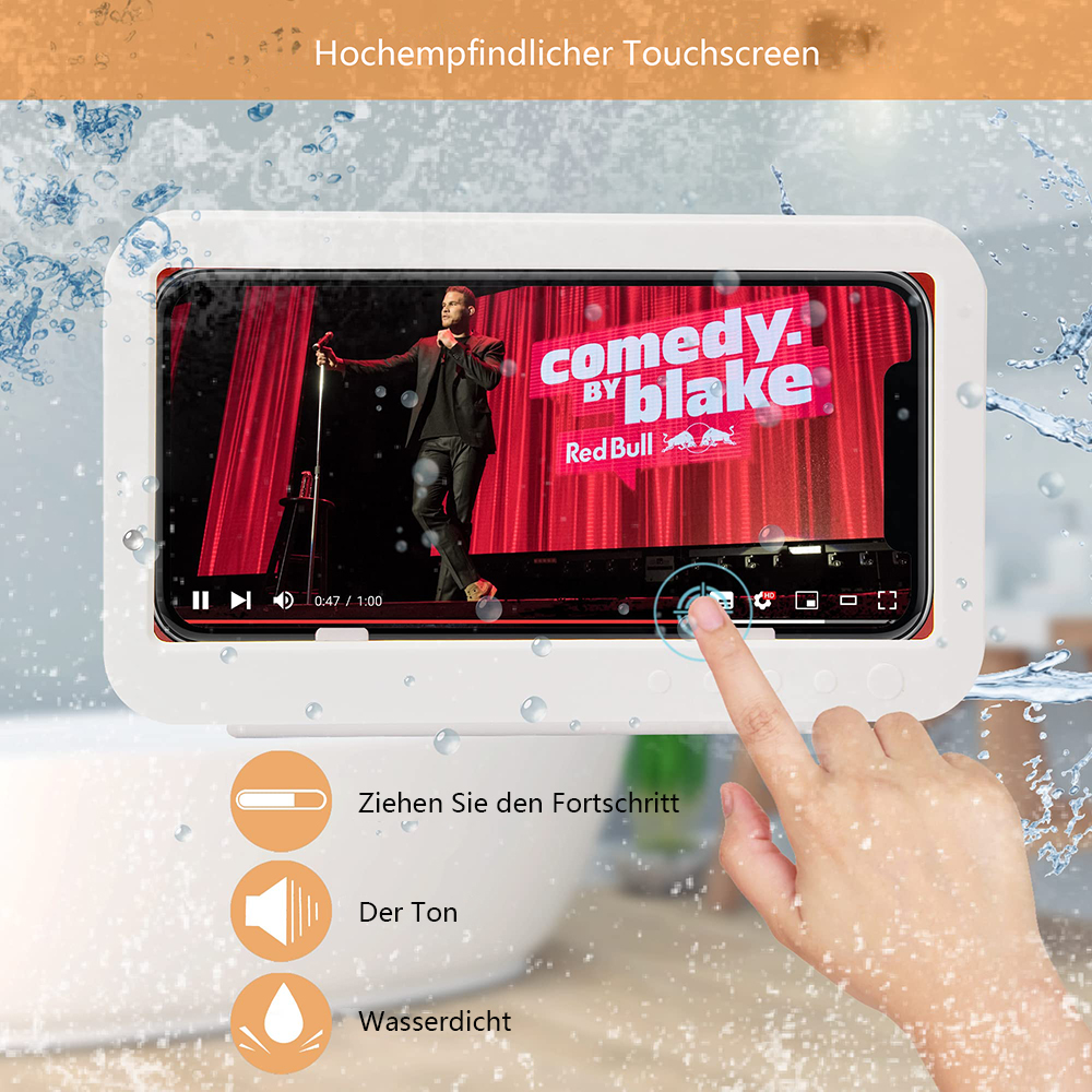 Hand interagiert mit Telefon in wasserdichter Hülle, das ein Video abspielt.