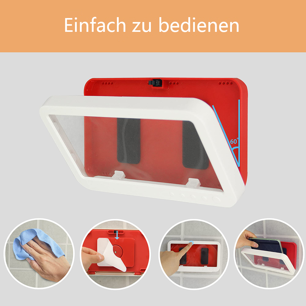 Rote und weiße wasserdichte Handyhülle. Vier Inset-Bilder zeigen Anwendungsschritte.