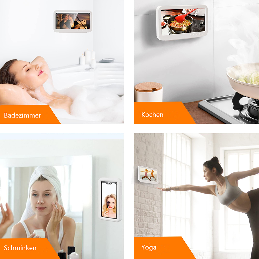 Vier Bilder, die verschiedene Verwendungen einer wasserdichten Handyhülle zeigen: Bad, Kochen, Make-up und Yoga.