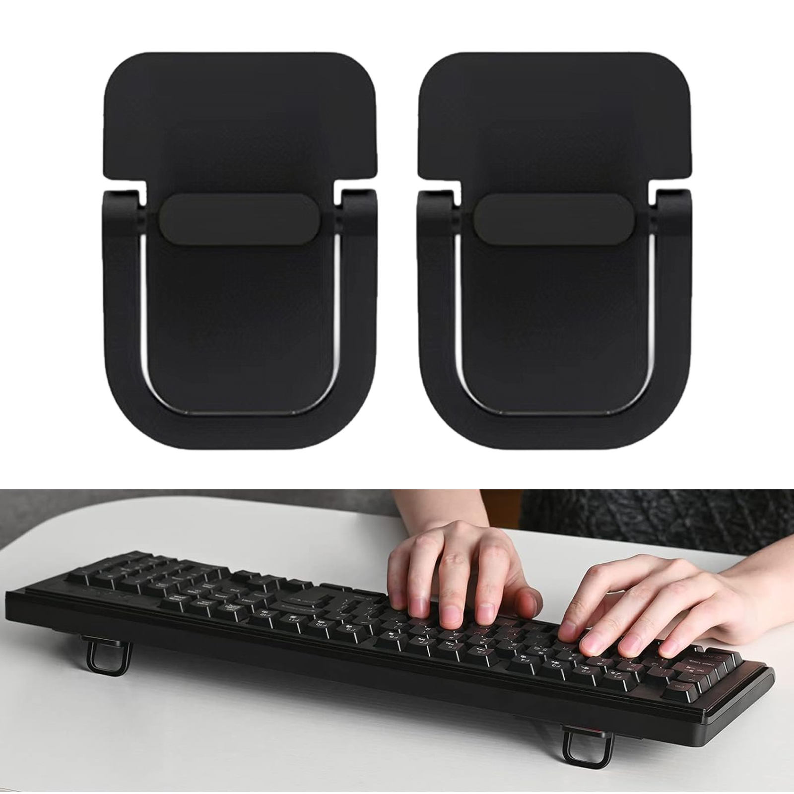 Zwei schwarze Laptopständer auf einer weißen Oberfläche. Eine Tastatur befindet sich darunter, und Hände tippen.