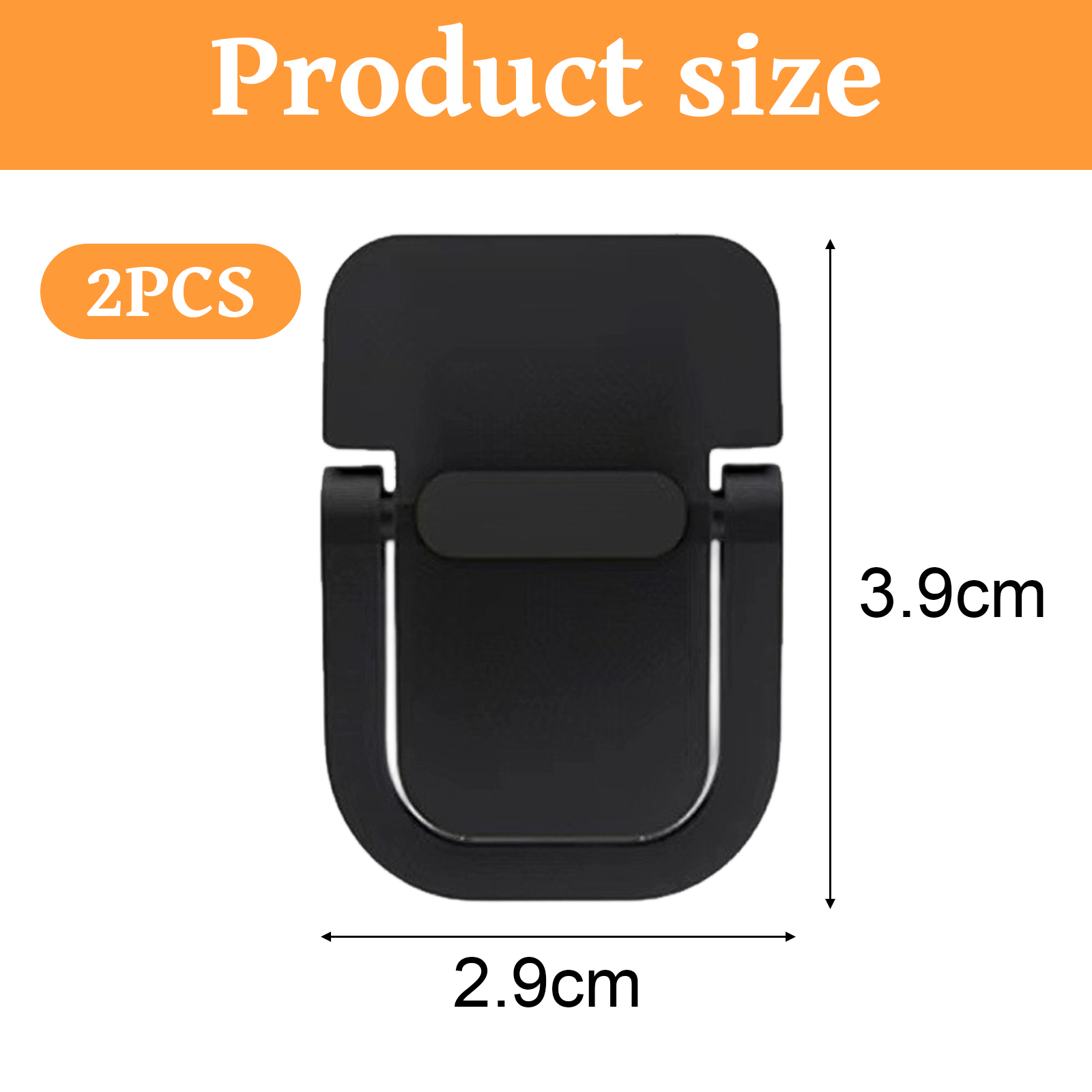 Zwei schwarze Webcam-Abdeckungen. Abmessungen sind 2,9 cm x 3,9 cm, 2 Stück gezeigt.