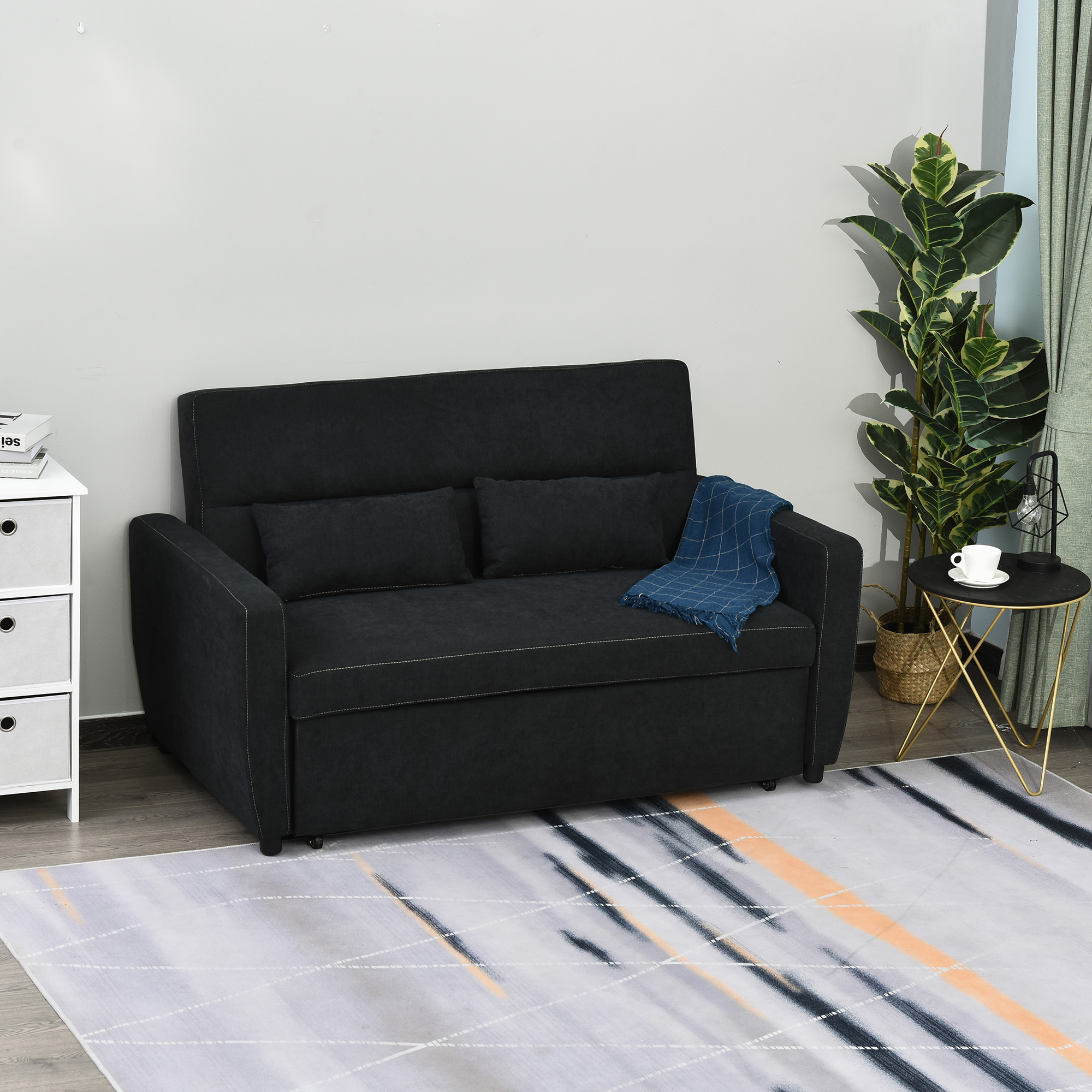 Schwarzes Sofa, zwei Kissen und eine blaue Decke. Ein weißer Teppich und eine Pflanze im Hintergrund.