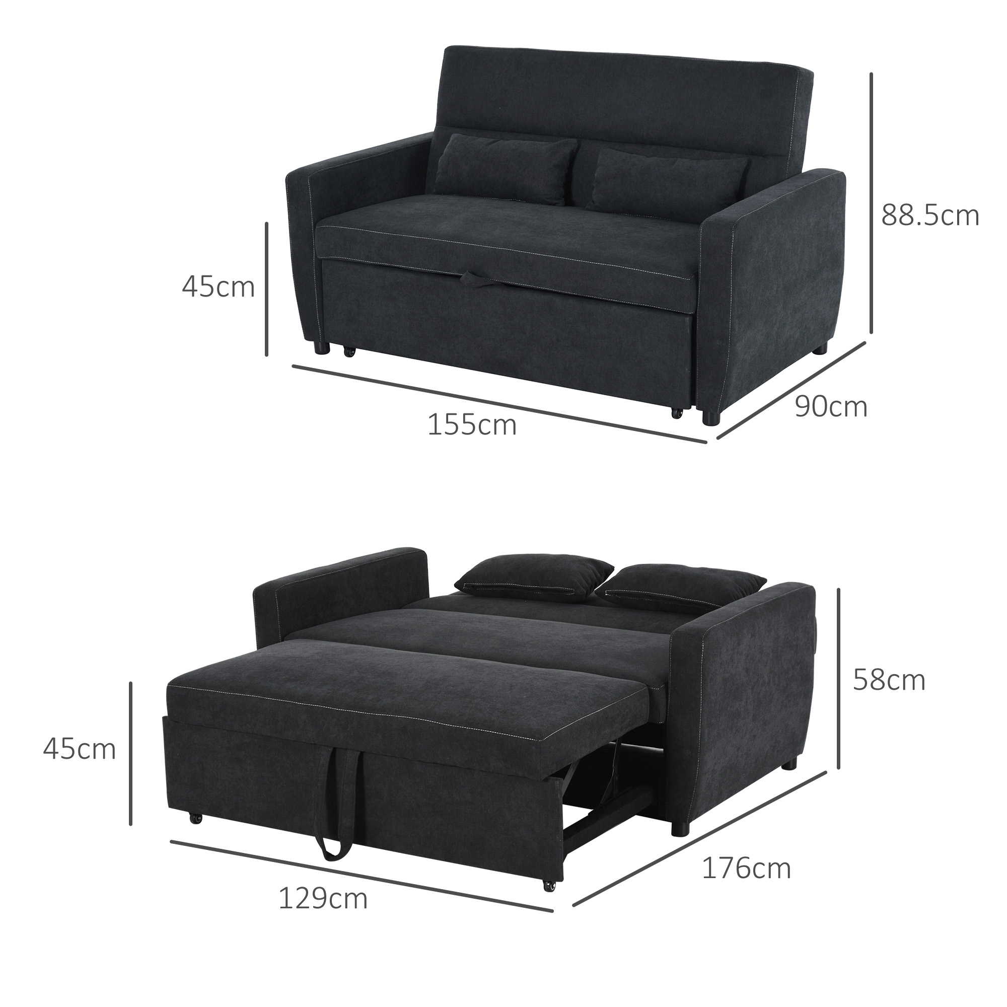 Ein schwarzes Sofa mit Maßangaben. Es kann in ein Bett umgewandelt werden, mit Maßangaben bei Umwandlung.