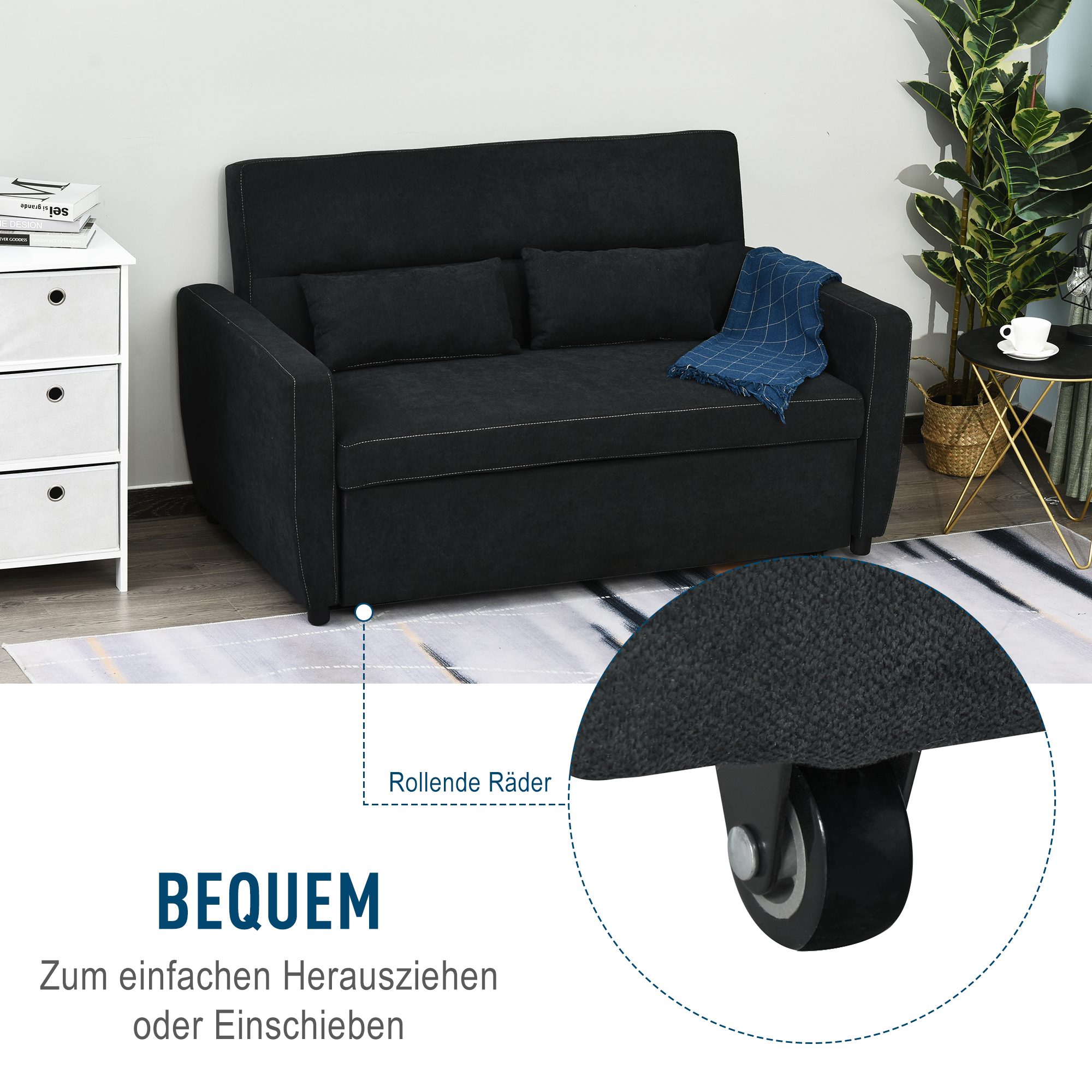 Schwarzes Sofa mit zwei Kissen und einer blauen Decke. Weiße Verkleidung. Rollräder sind gezeigt.