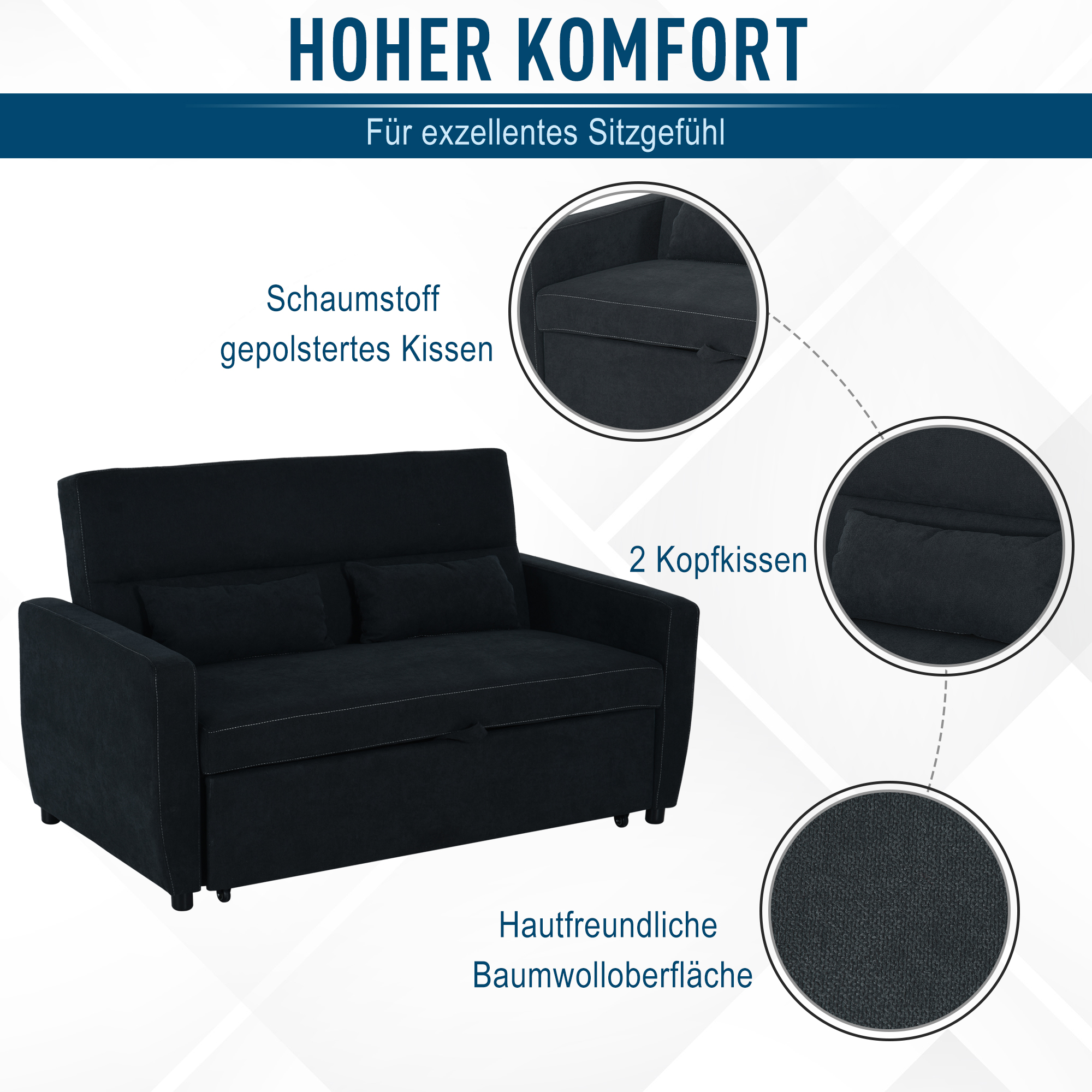 Ein schwarzes Sofa mit zwei Kissen, mit Details zu Komfort und Materialien versehen.