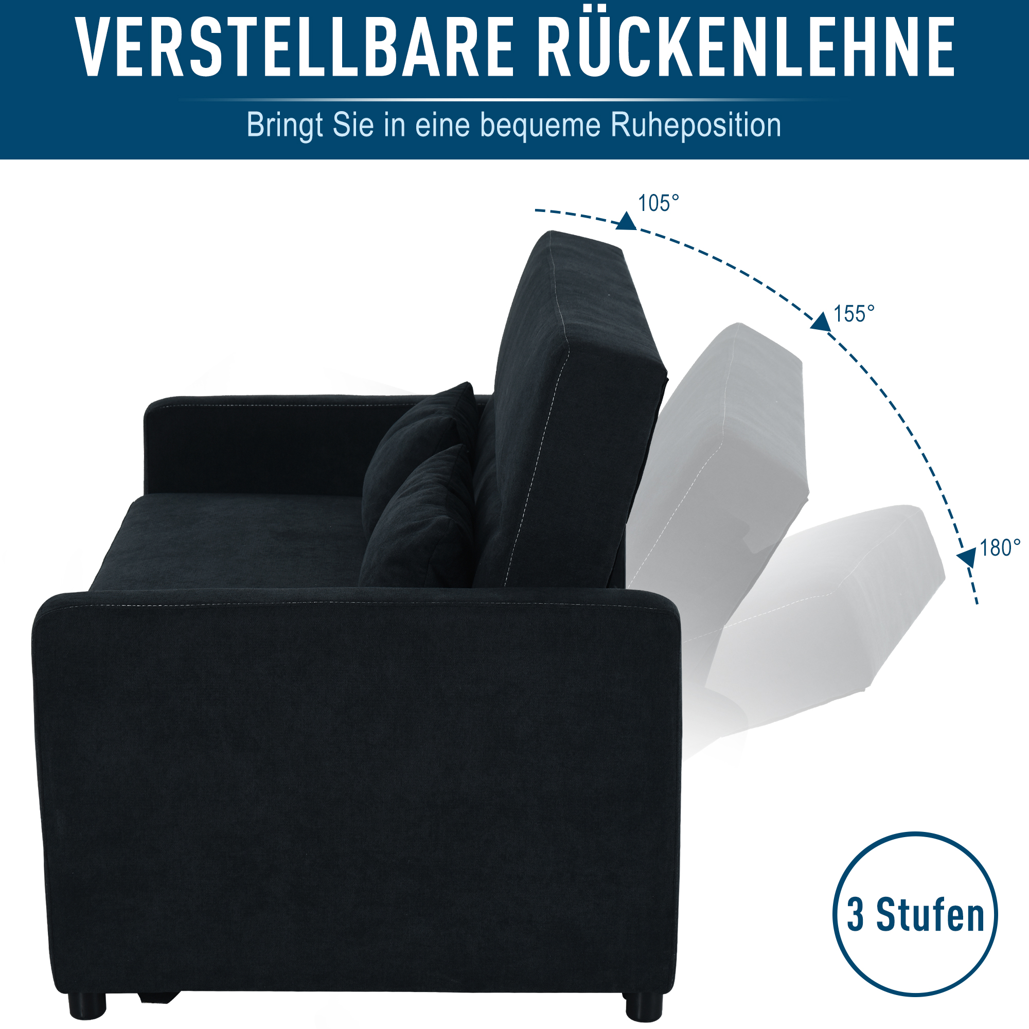 Schwarzes Sofa mit verstellbarer Rückenlehne, in drei Positionen gezeigt.