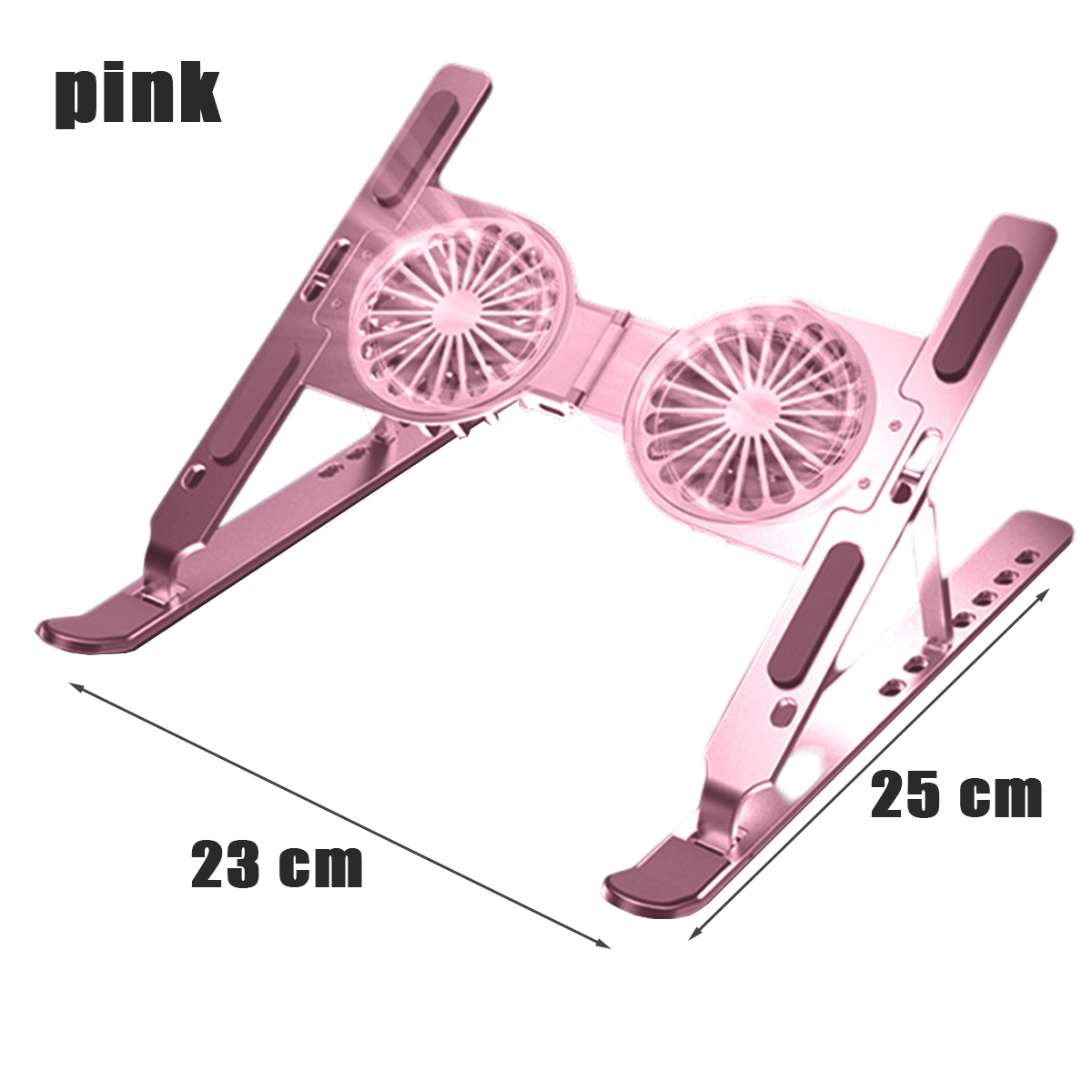 Ein rosa Laptopständer mit zwei Lüftern und den Maßen 23 cm und 25 cm. Das Wort "pink" ist darauf geschrieben.