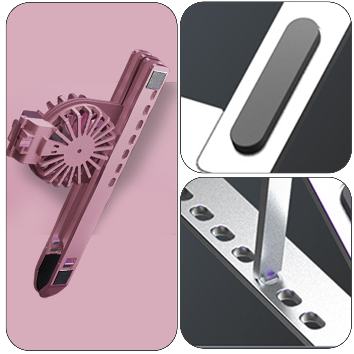 Nahaufnahmen eines rosa Laptopständers mit einem Lüfter. Details des Ständerdesigns werden gezeigt.