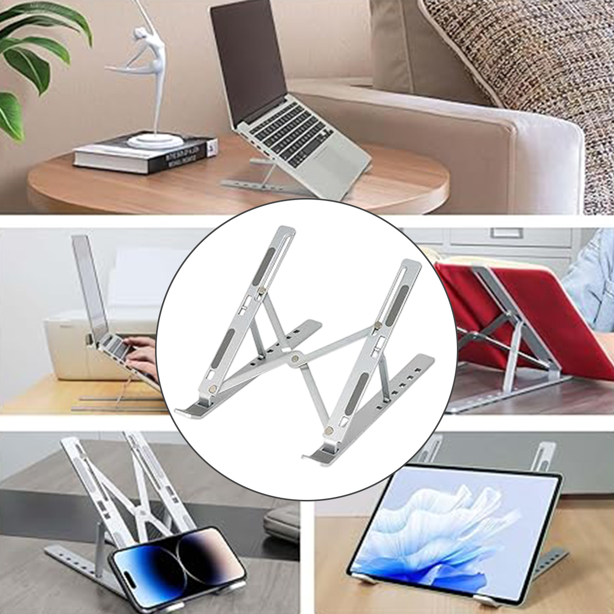 Collage zeigt Laptop- und Tablet-Ständer in verschiedenen Konfigurationen.