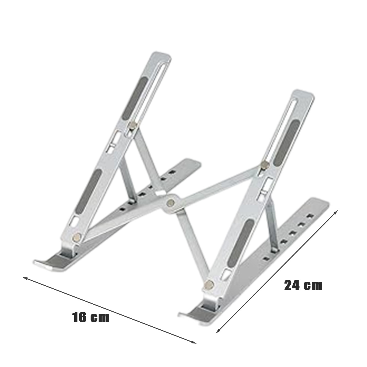 Silberner Laptop-Ständer. Abmessungen: 16 cm breit und 24 cm lang.