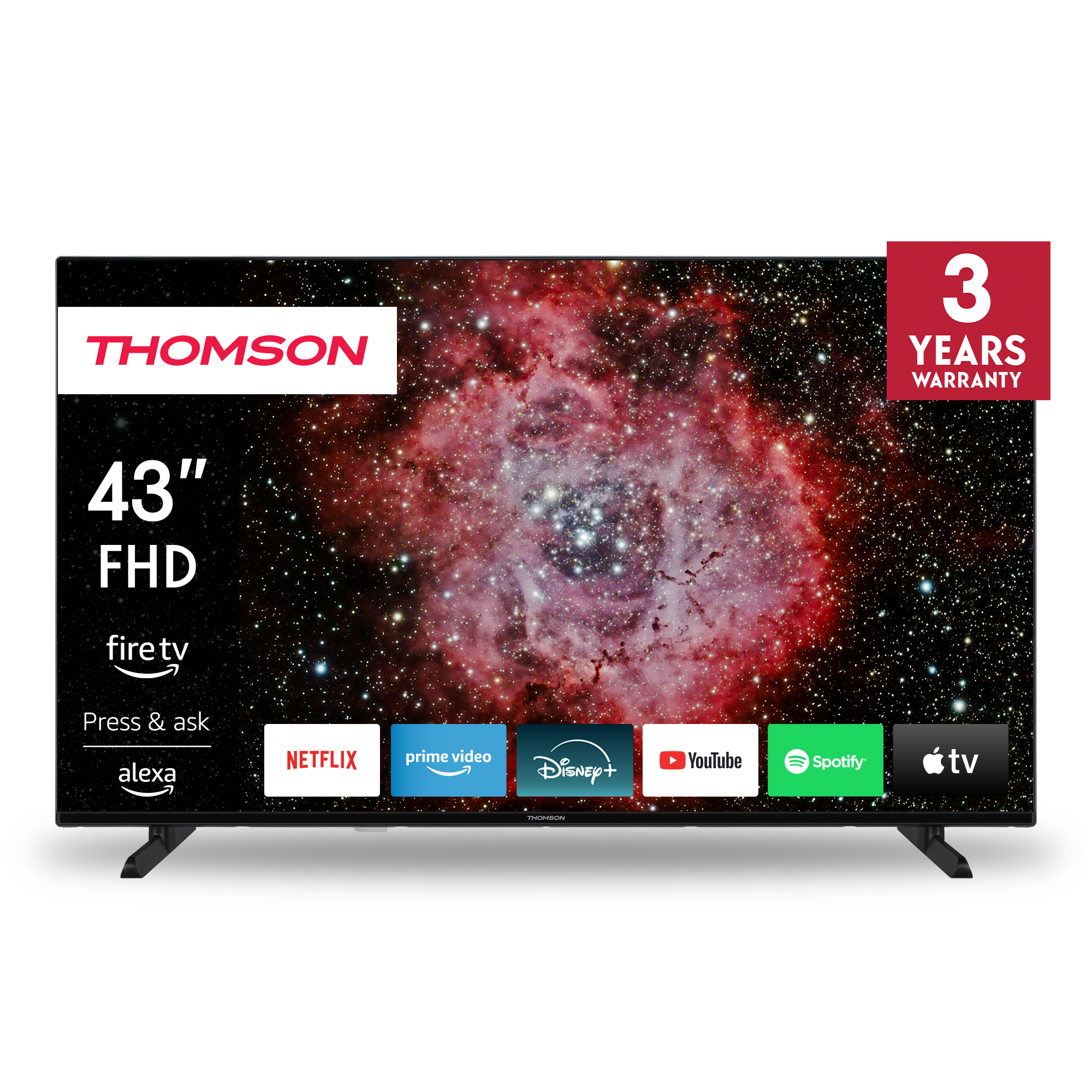TV 43", marca THOMSON, con immagine di nebulosa sullo schermo. Con icone app streaming.