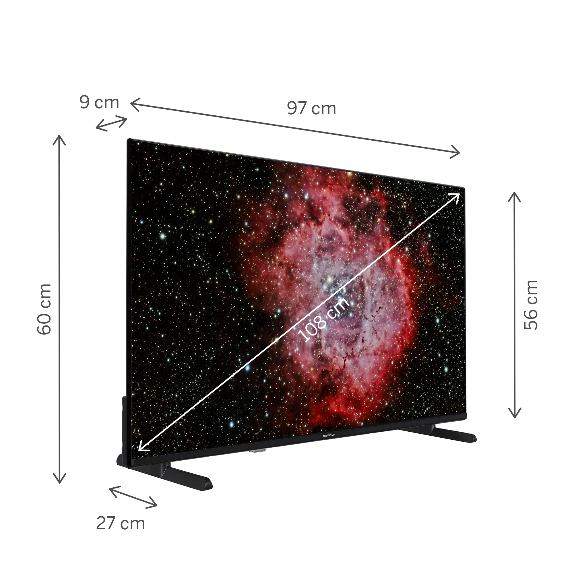 Uno schermo TV che mostra un'immagine della galassia. Le dimensioni dello schermo sono indicate con dimensioni e misure.