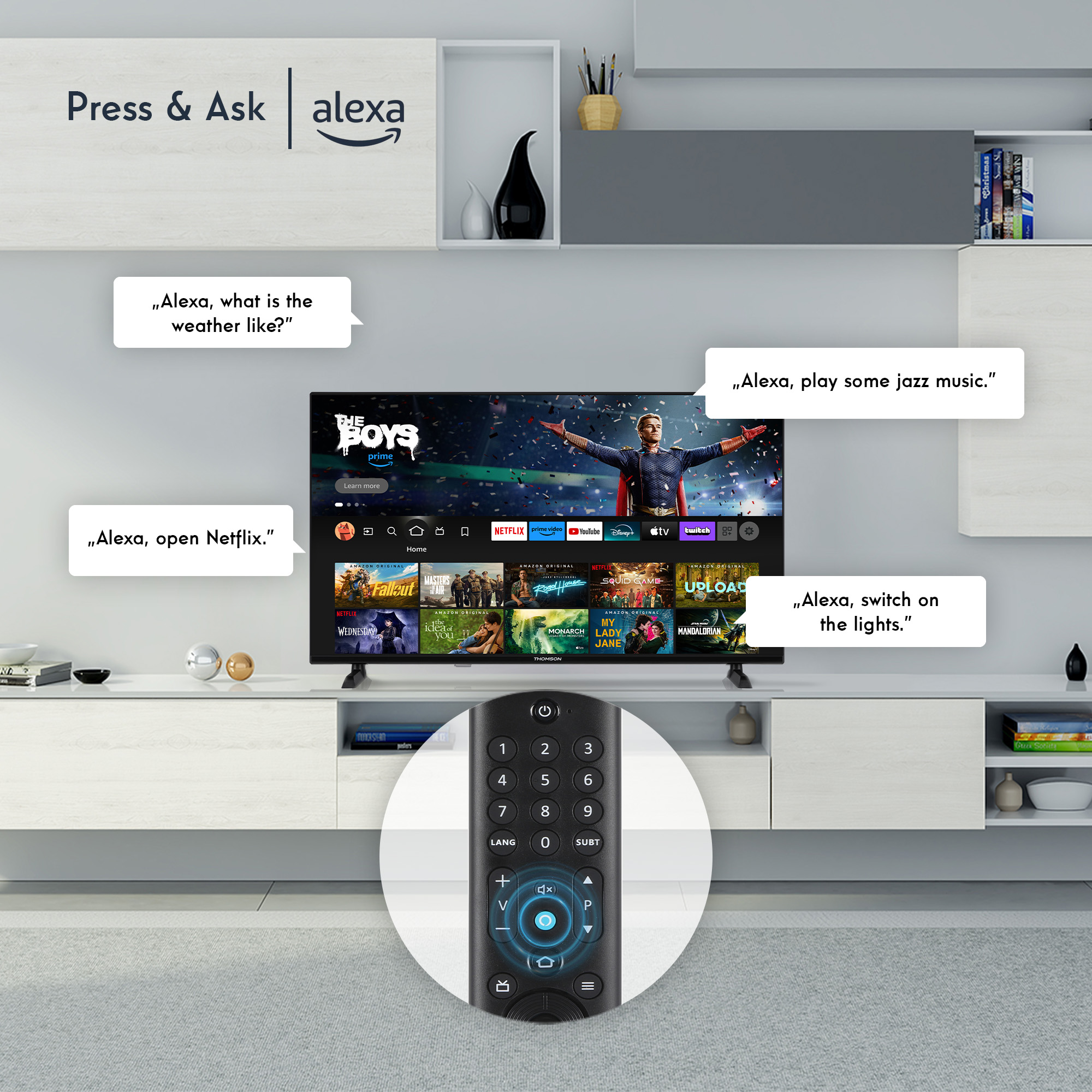 TV con comandi per la casa intelligente. Comandi vocali Alexa con telecomando e sfondo del soggiorno.