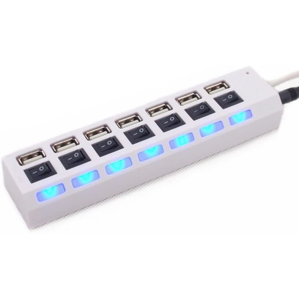 Ein weißer USB-Hub mit blauen LEDs.
