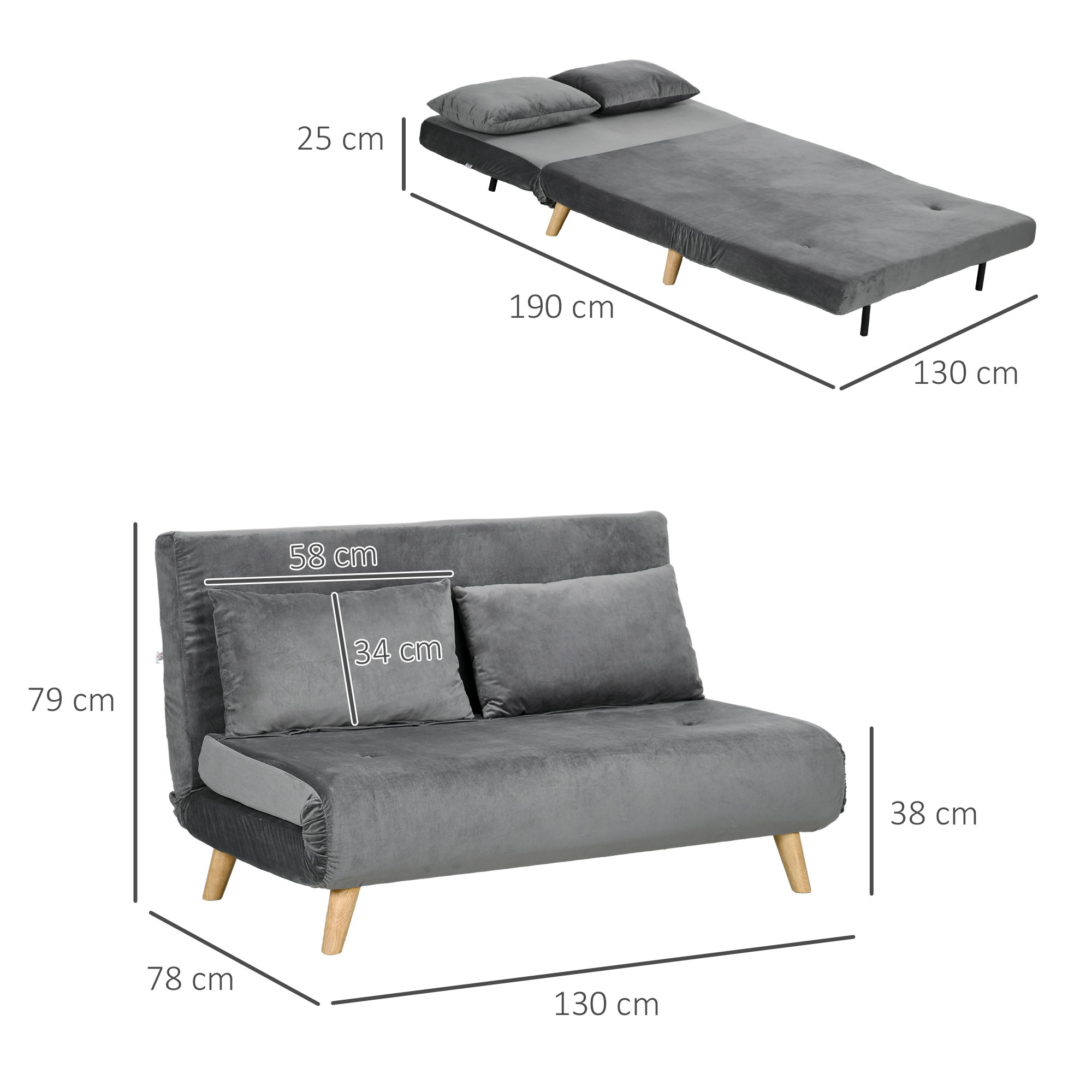 Graues Futon-Sofa, ausgeklappt, mit Abmessungen: 190 cm lang und 130 cm breit, mit 25 cm Höhe.