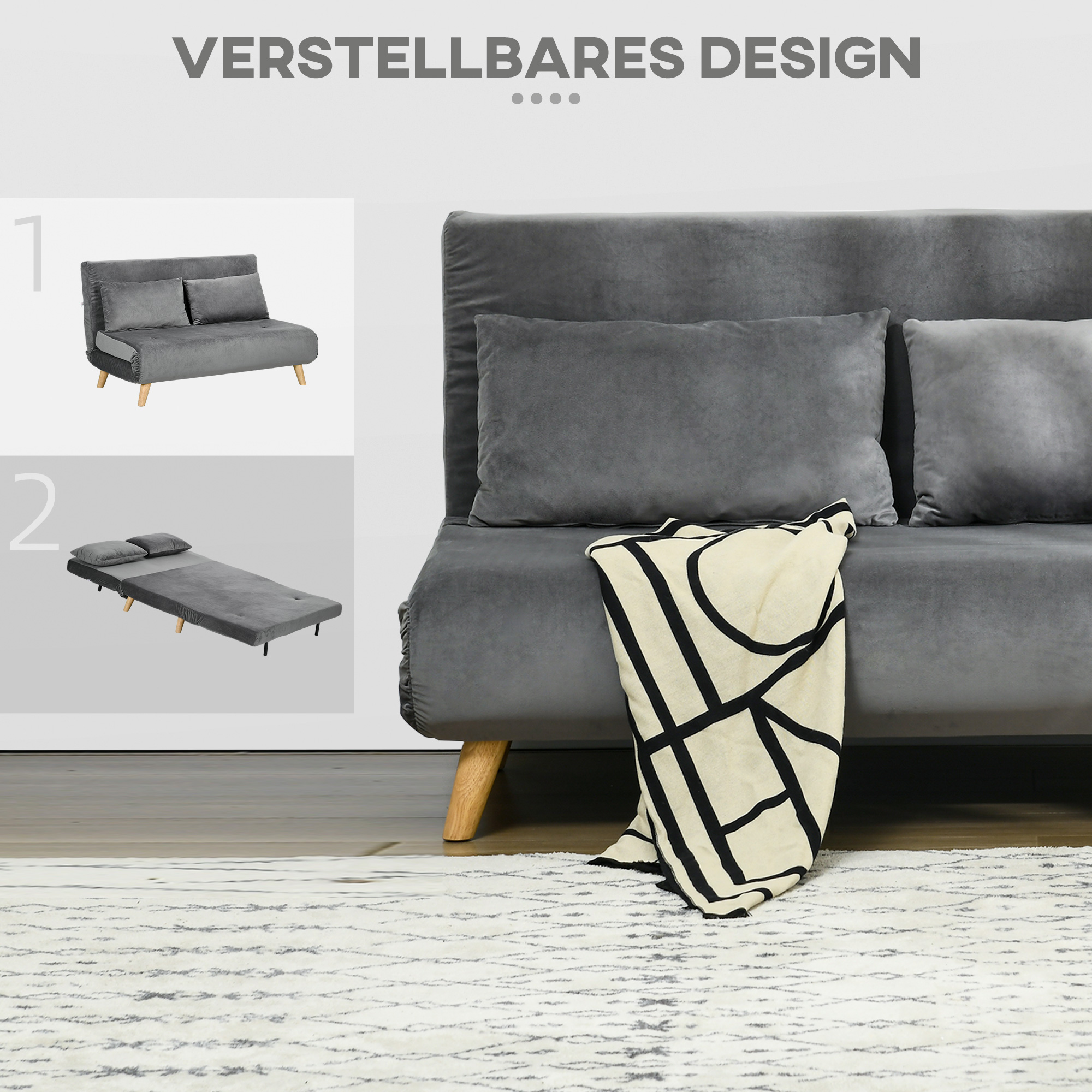 Ein graues Sofa mit Kissen und einer Decke wird gezeigt. Das Sofa kann wie in den anderen Bildern angepasst werden.
