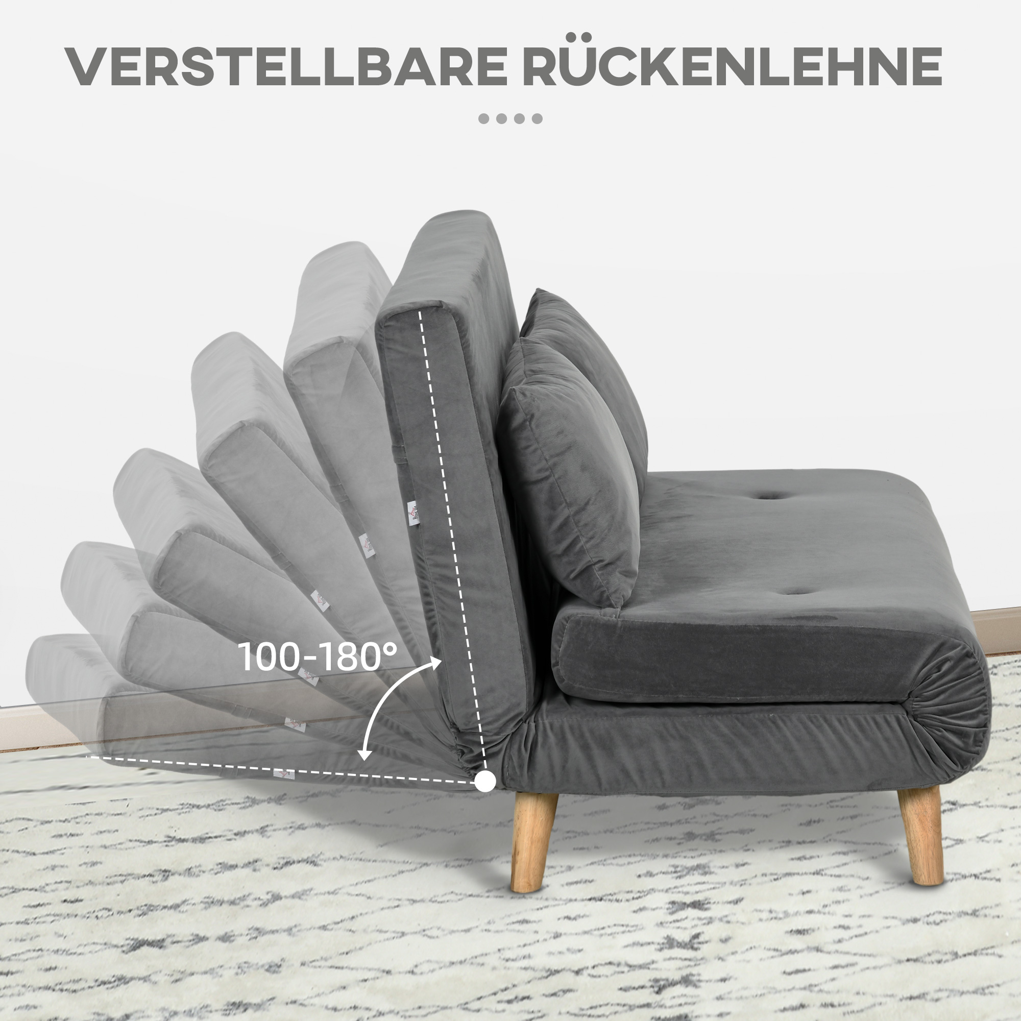 Graues Schlafsofa, verschiedene Liegepositionen gezeigt. Text sagt verstellbare Rückenlehne.