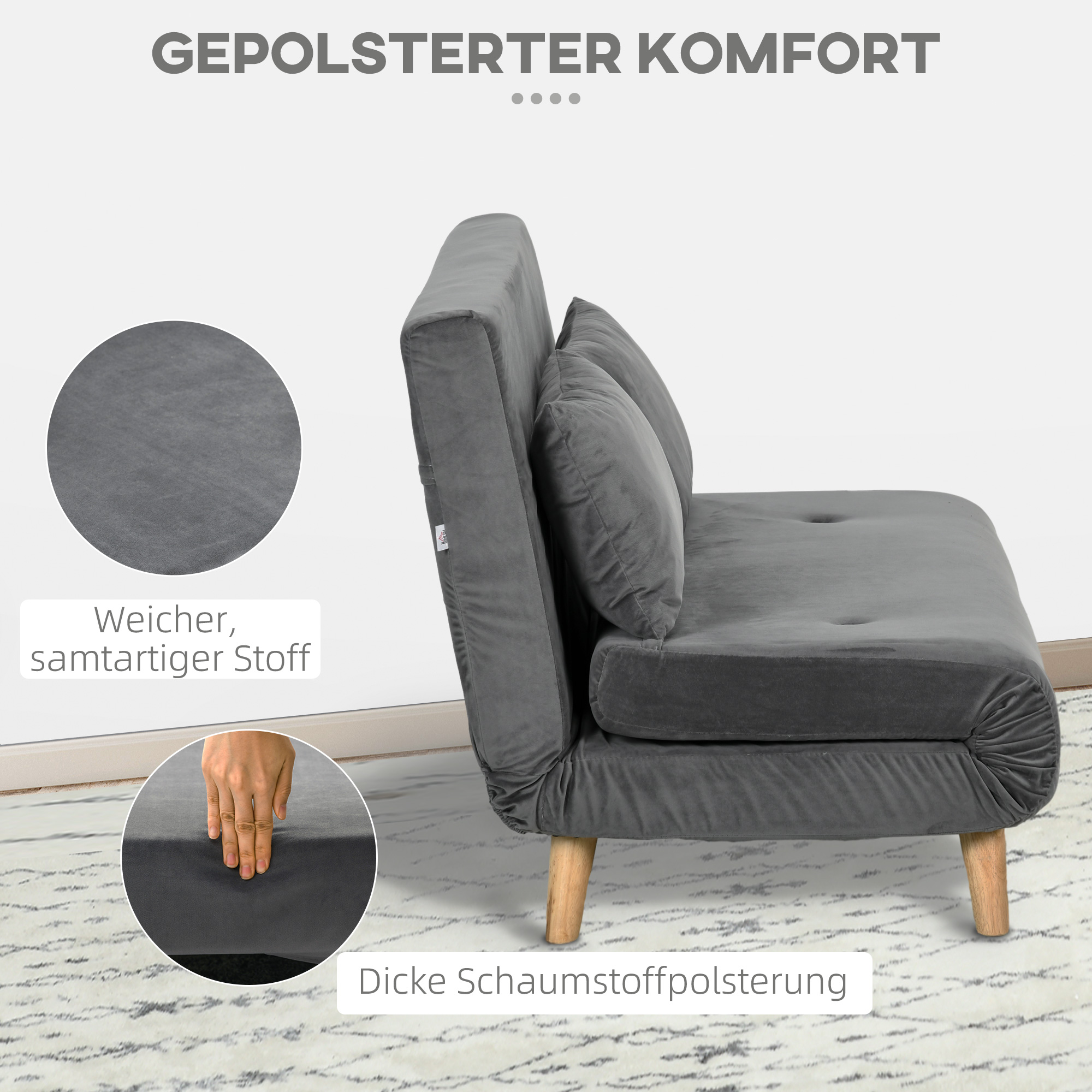 Graues Schlafsofa mit zwei Kissen. Details zu Stoff und dicker Schaumstoffpolsterung werden gezeigt.