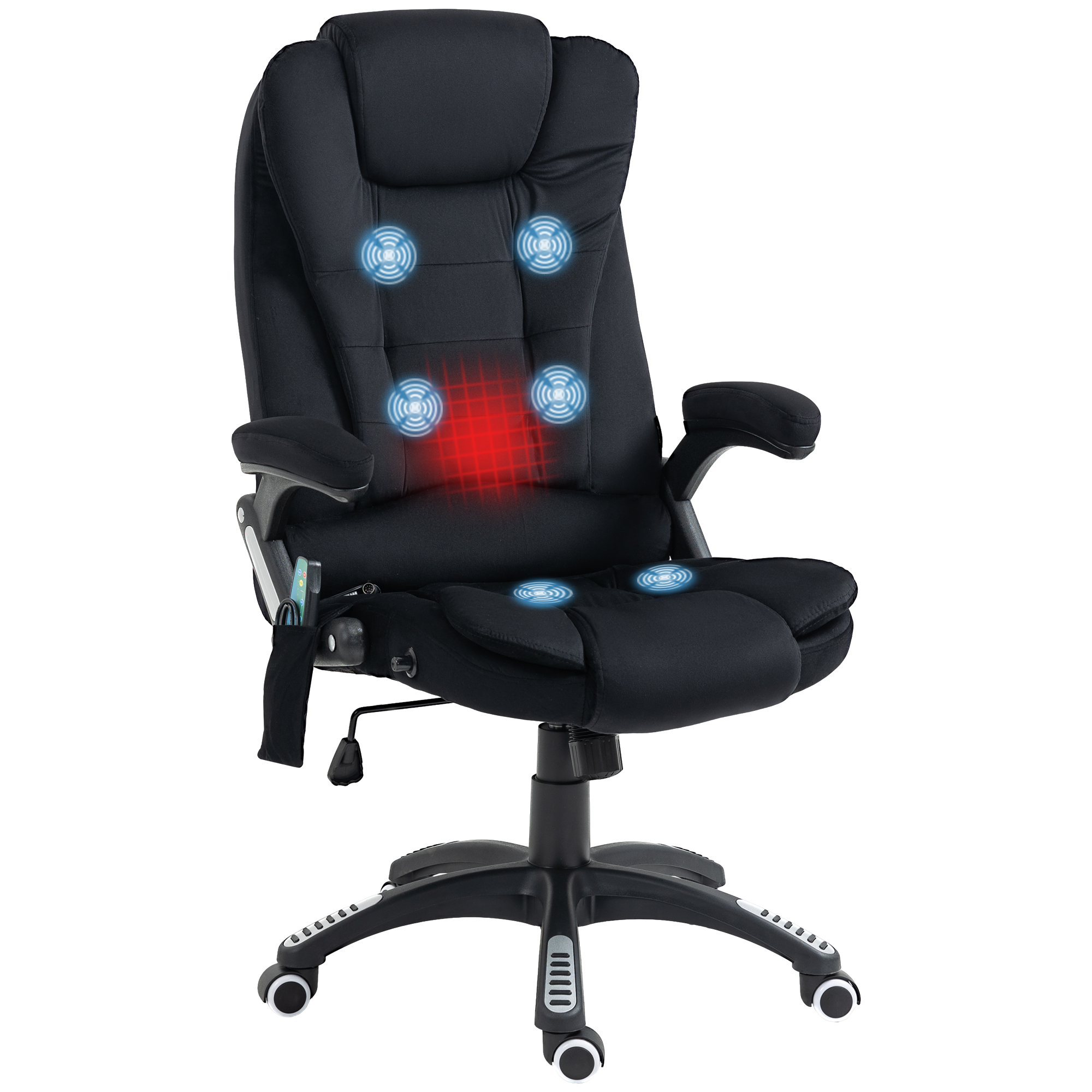 Schwarzer Massagestuhl mit hervorgehobenen blauen und roten Massagepunkten. Stuhl hat Armlehnen und eine Kopfstütze, weißer Hintergrund.