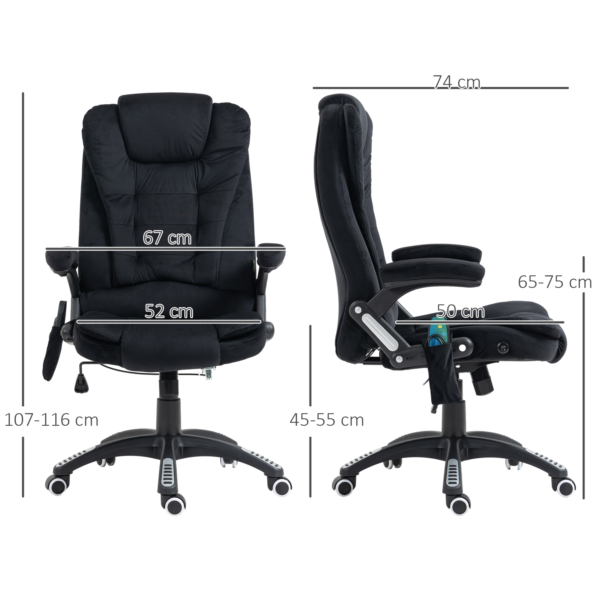 Schwarzer Bürostuhl mit Maßangaben. Der Stuhl ist 67 cm breit, 107-116 cm hoch und 74 cm tief.