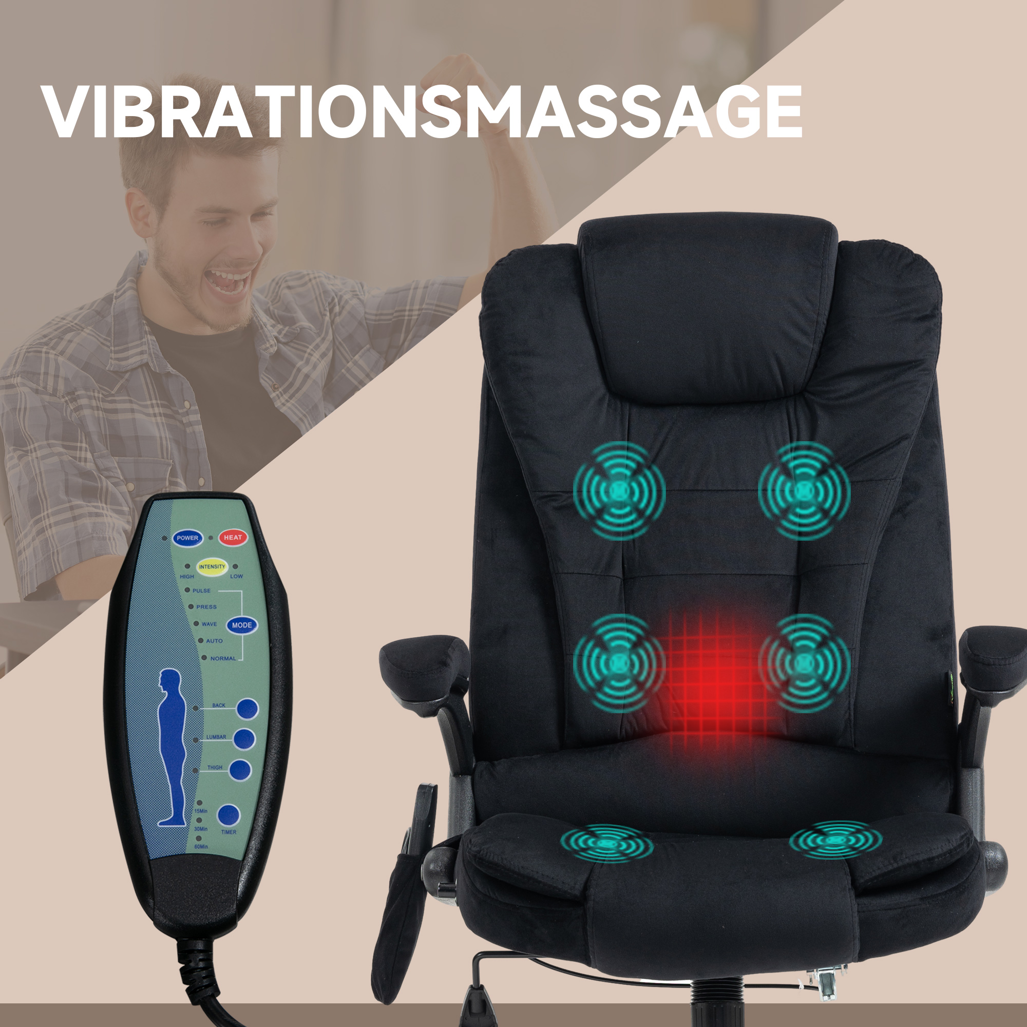 Schwarzer Bürostuhl mit Fernbedienung für Vibrationsmassage. Ein Mann lächelt im Hintergrund.