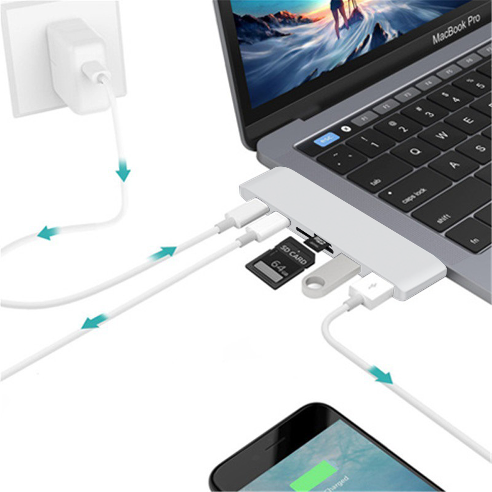 Laptop, der mit einem USB-Hub verbunden ist, mit mehreren Geräten: SD-Karte, USB-Laufwerk und Telefonladung. Pfeile zeigen die Verbindungen.