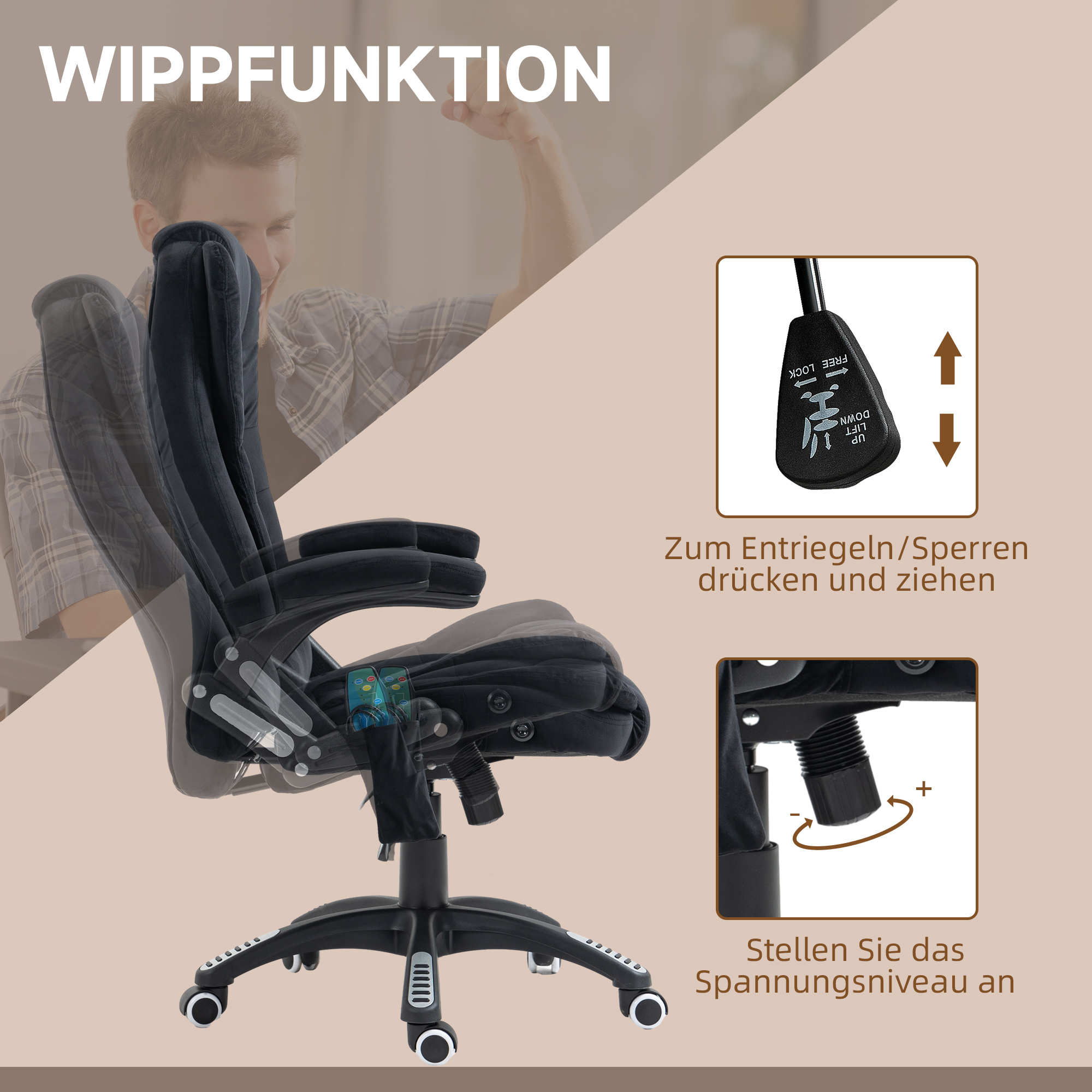 Schwarzer Bürostuhl mit Kippfunktion. Im Hintergrund lächelt ein Mann. Details sind auf Deutsch.