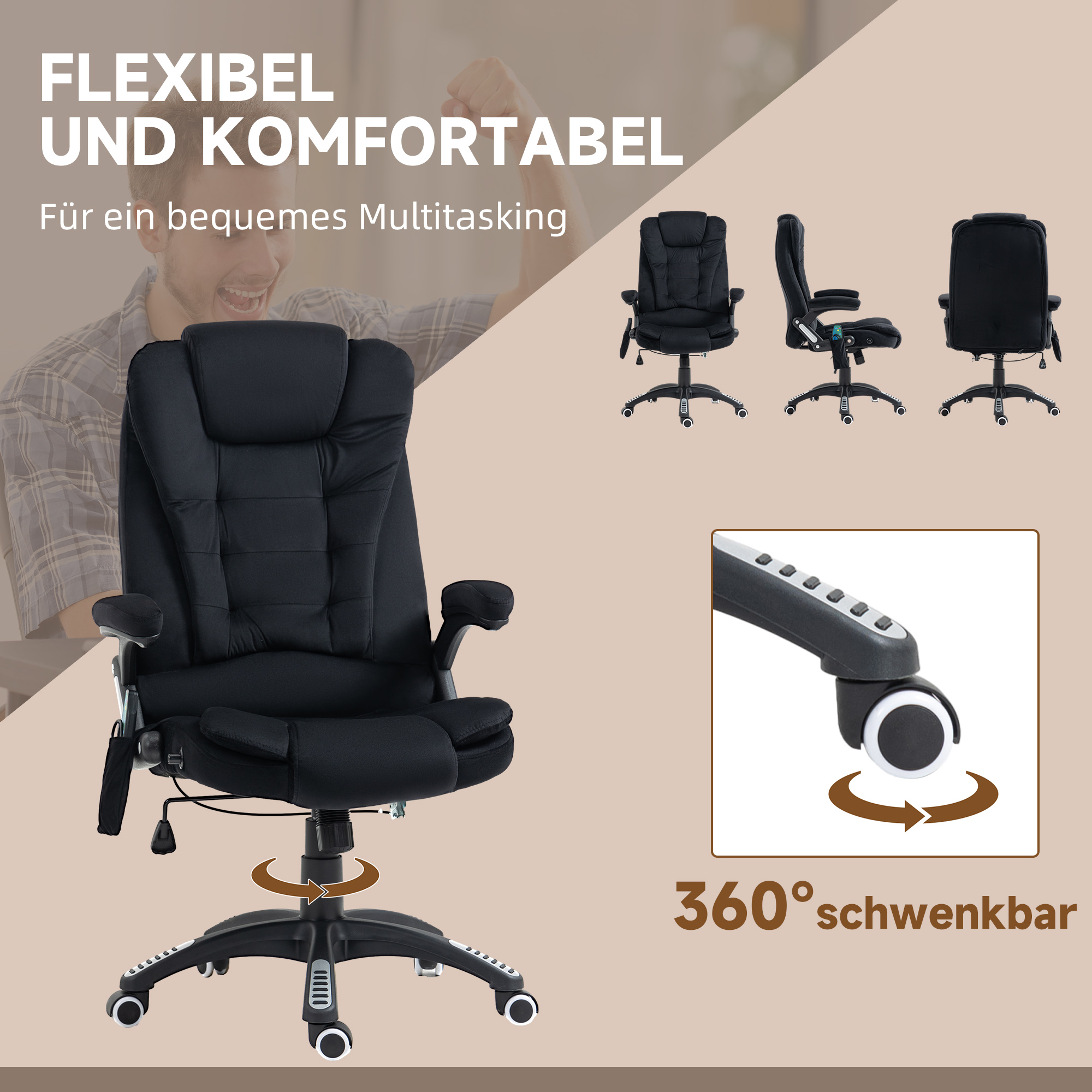 Schwarzer Bürostuhl mit 360° Drehbarkeit und mehreren Ansichten. Schwarz und Weiß.