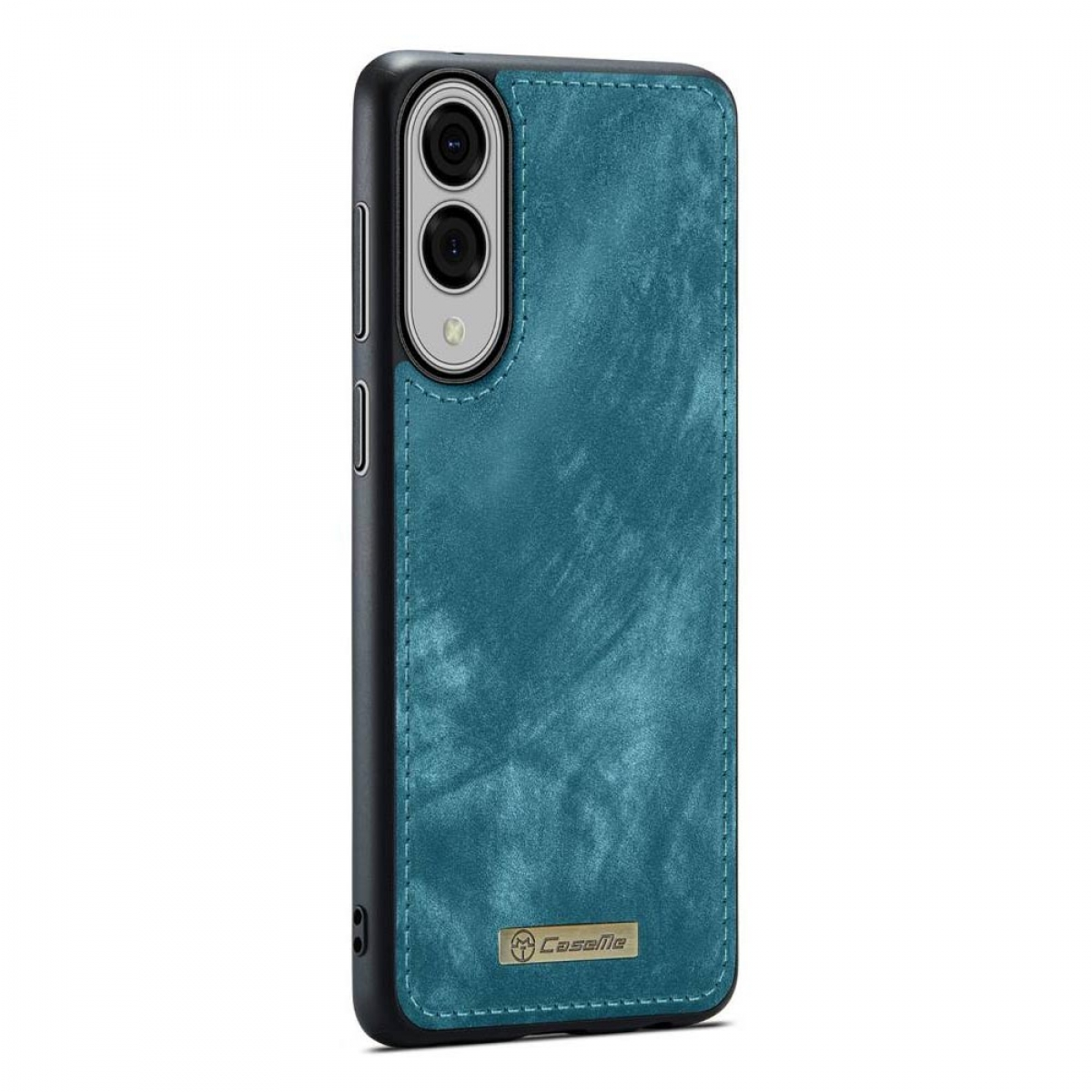 Türkisfarbene Smartphone-Hülle aus Wildleder. Es hat einen Ausschnitt für zwei Kameras und ein goldenes Caselle-Logo.