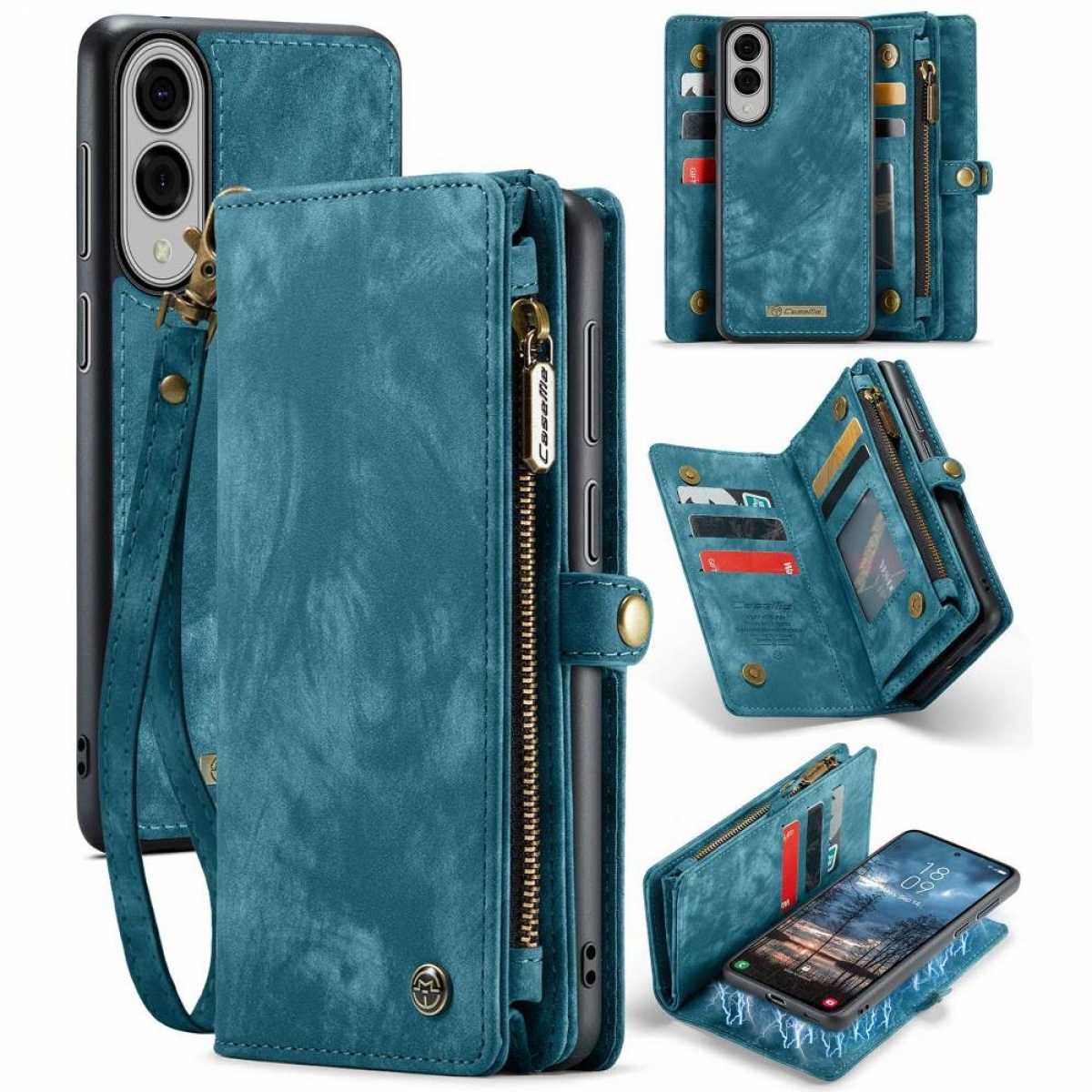 Türkisfarbenes Leder-Wallet-Case für ein Telefon. Mehrere Ansichten, geöffnet, geschlossen und mit dem Telefon darin. Mehrere Karten.