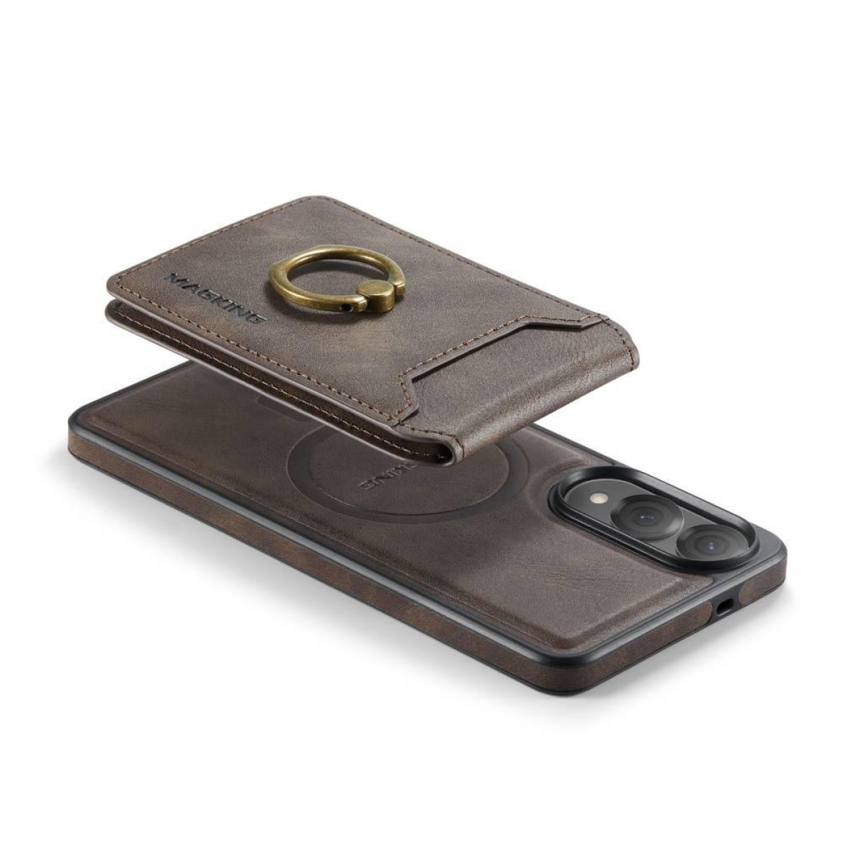 Braune Handyhülle mit Kartenhalter und Ring. Telefon auf weißer Oberfläche.