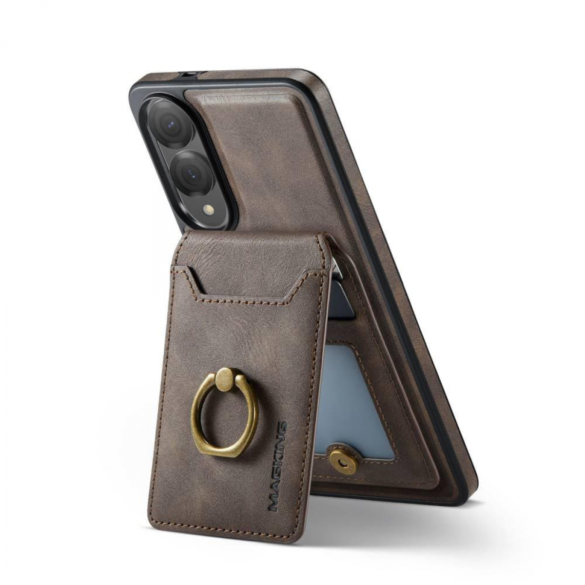 Braune Leder-Handyhülle mit Ring. Ein Telefon befindet sich in der Hülle.