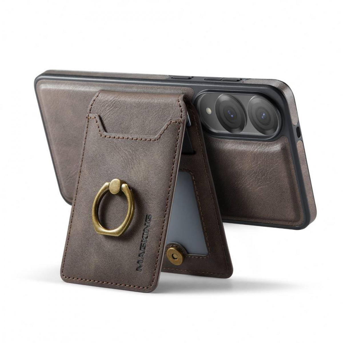 Braune Handyhülle mit Ring und Karten. Telefon liegt auf einer weißen Oberfläche.