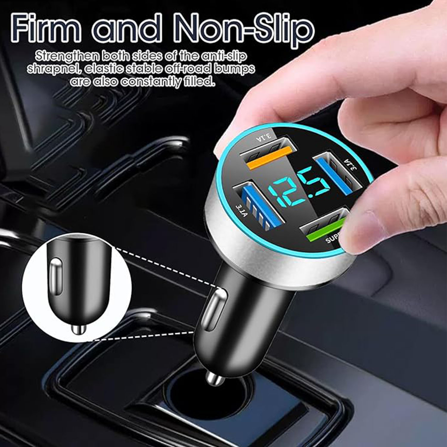 Autoladegerät mit USB-Anschlüssen. Digitalanzeige zeigt die Spannung. Text und Symbole sind sichtbar.