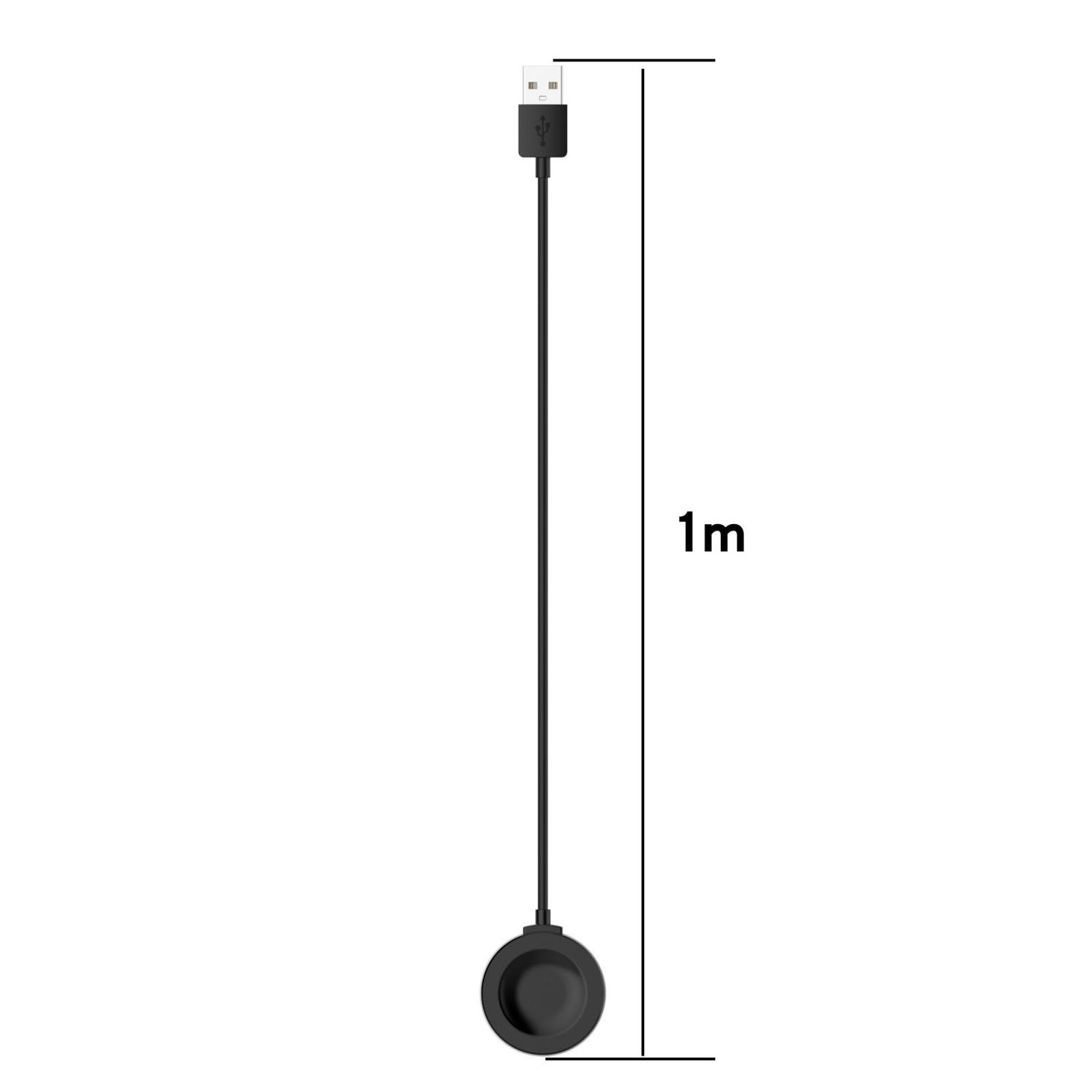 Schwarzes USB-Ladekabel für eine Smartwatch. 1m Messetikett neben dem Kabel.