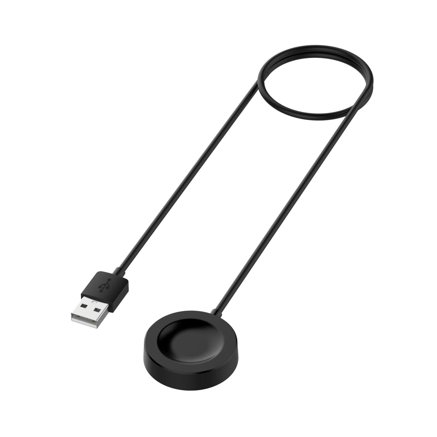 Schwarzes Uhrenladegerät mit USB-Anschluss. Weißer Hintergrund.