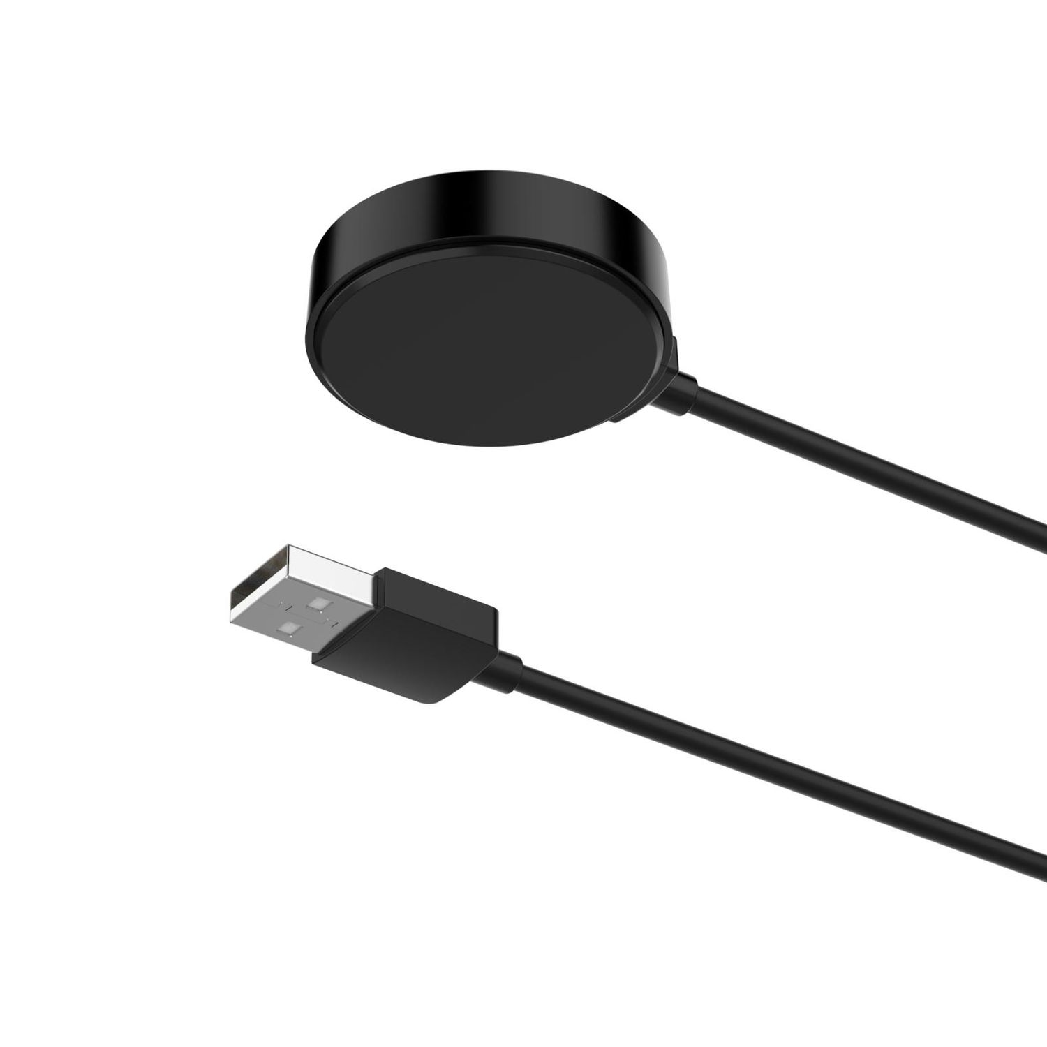 Schwarzes Smartwatch-Ladegerät mit USB-Kabel. Der Hintergrund ist schlicht weiß.
